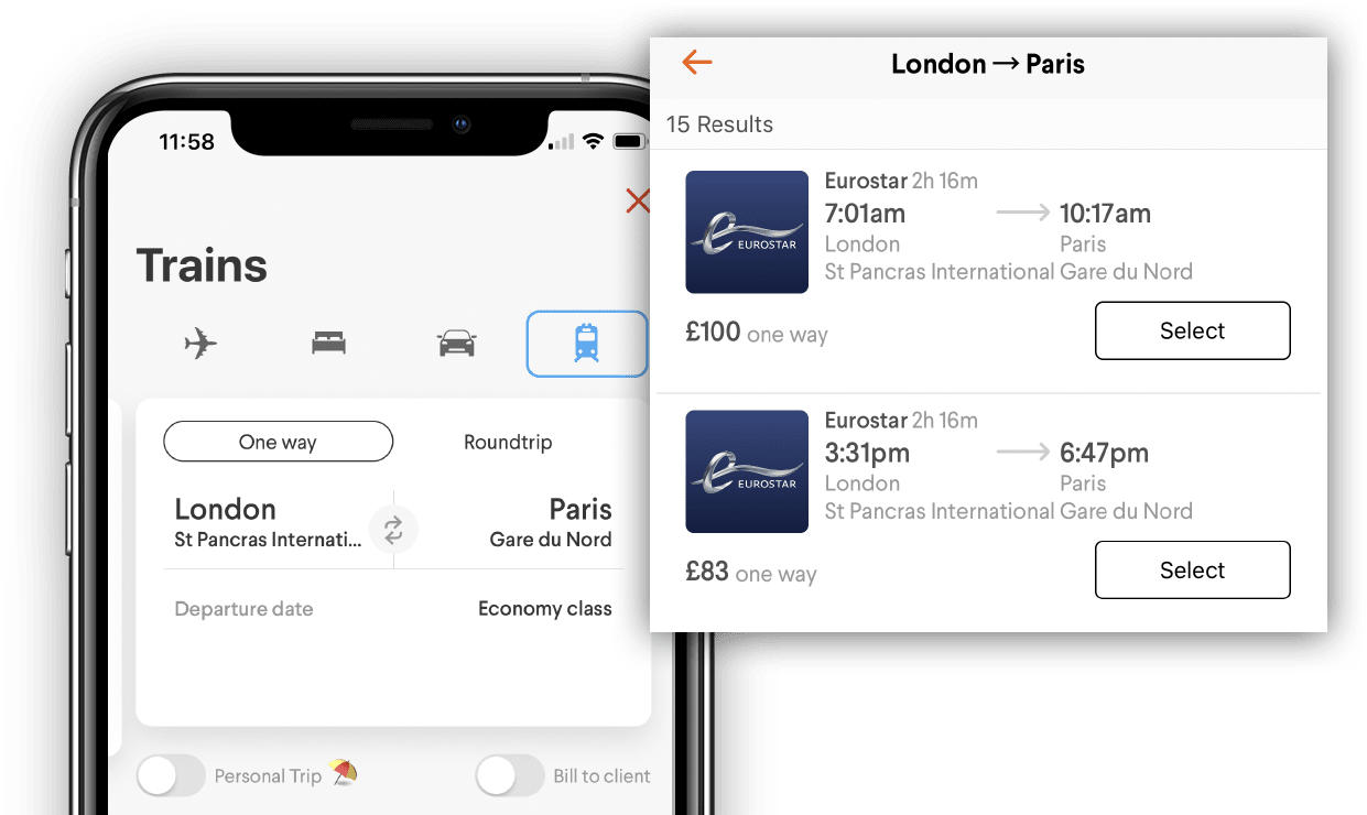 TripActions Product Screenshot - Mobile Train Listings