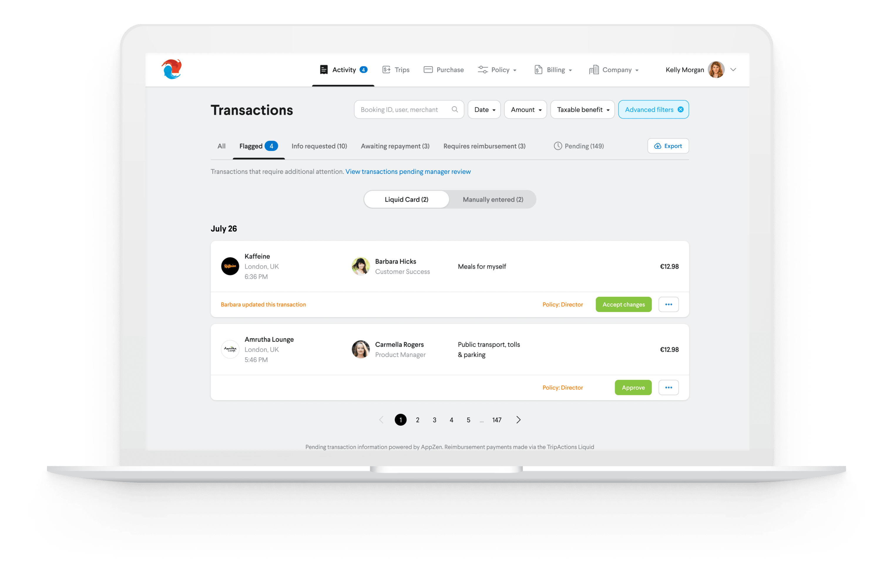 Screenshot showing the Transaction section of the TripActions Liquid dashboard that displays the latest card transactions for review.