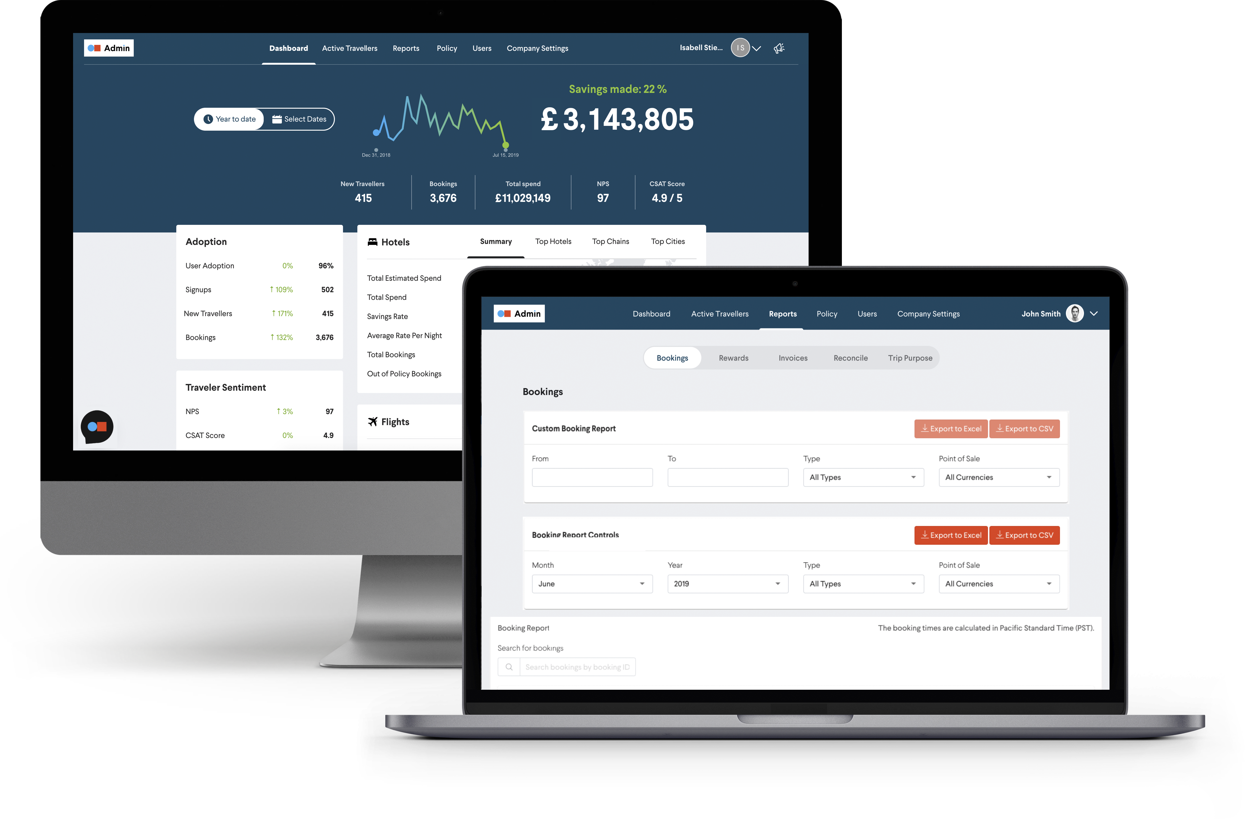 TripActions Enterprise - The TripActions product application dashboard provides detailed insight into travel spend and many other details