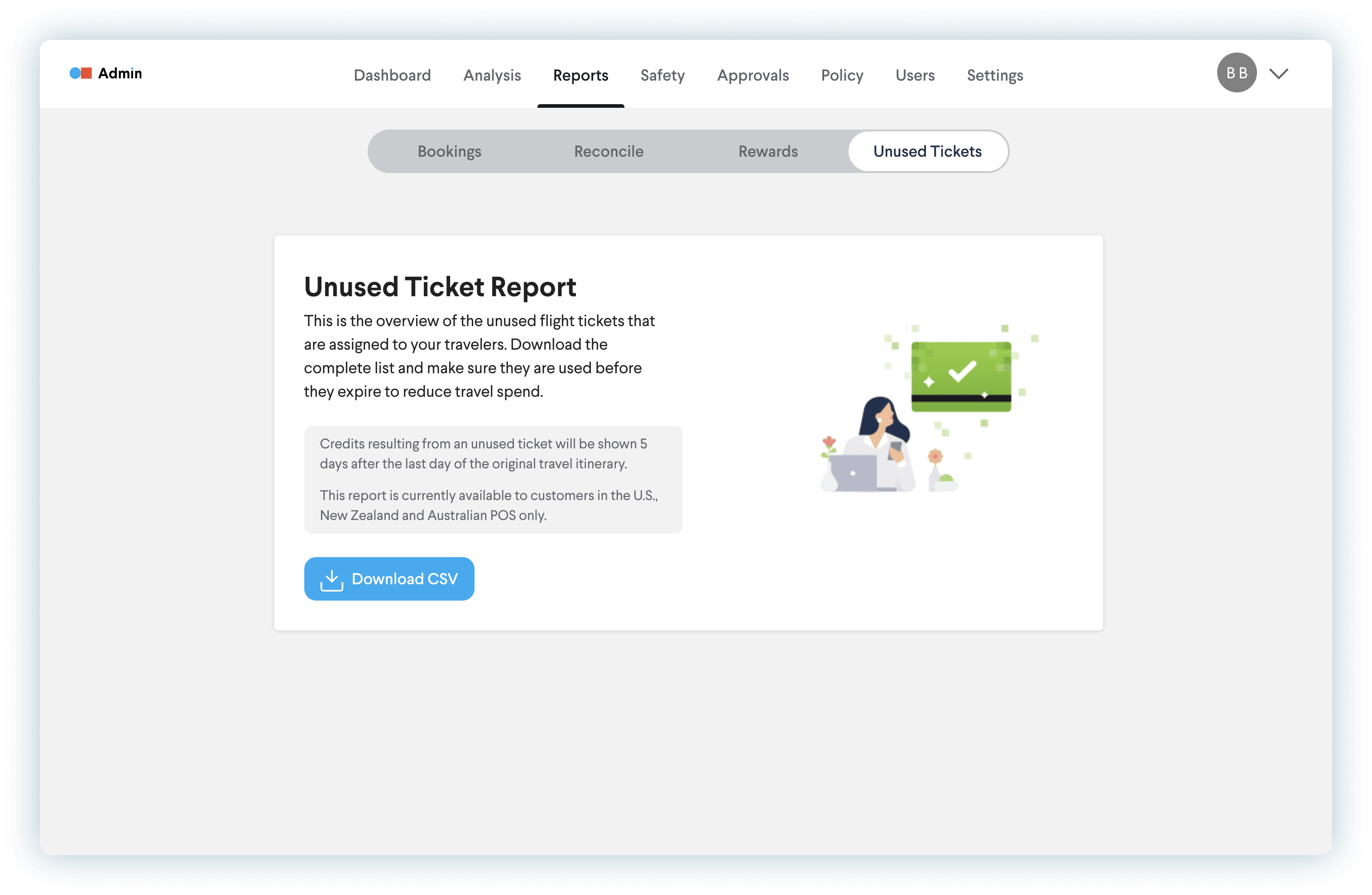 Why TripActions Product Screenshot - Unused Ticket Report