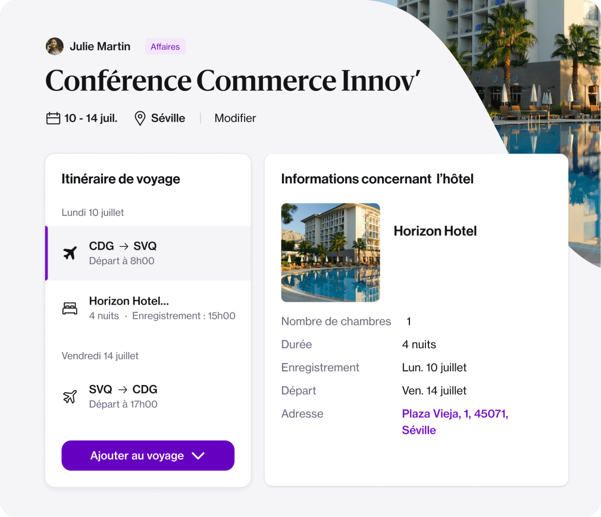 Itinéraire de voyage d'une employée travaillant dans la vente sur la plateforme Navan