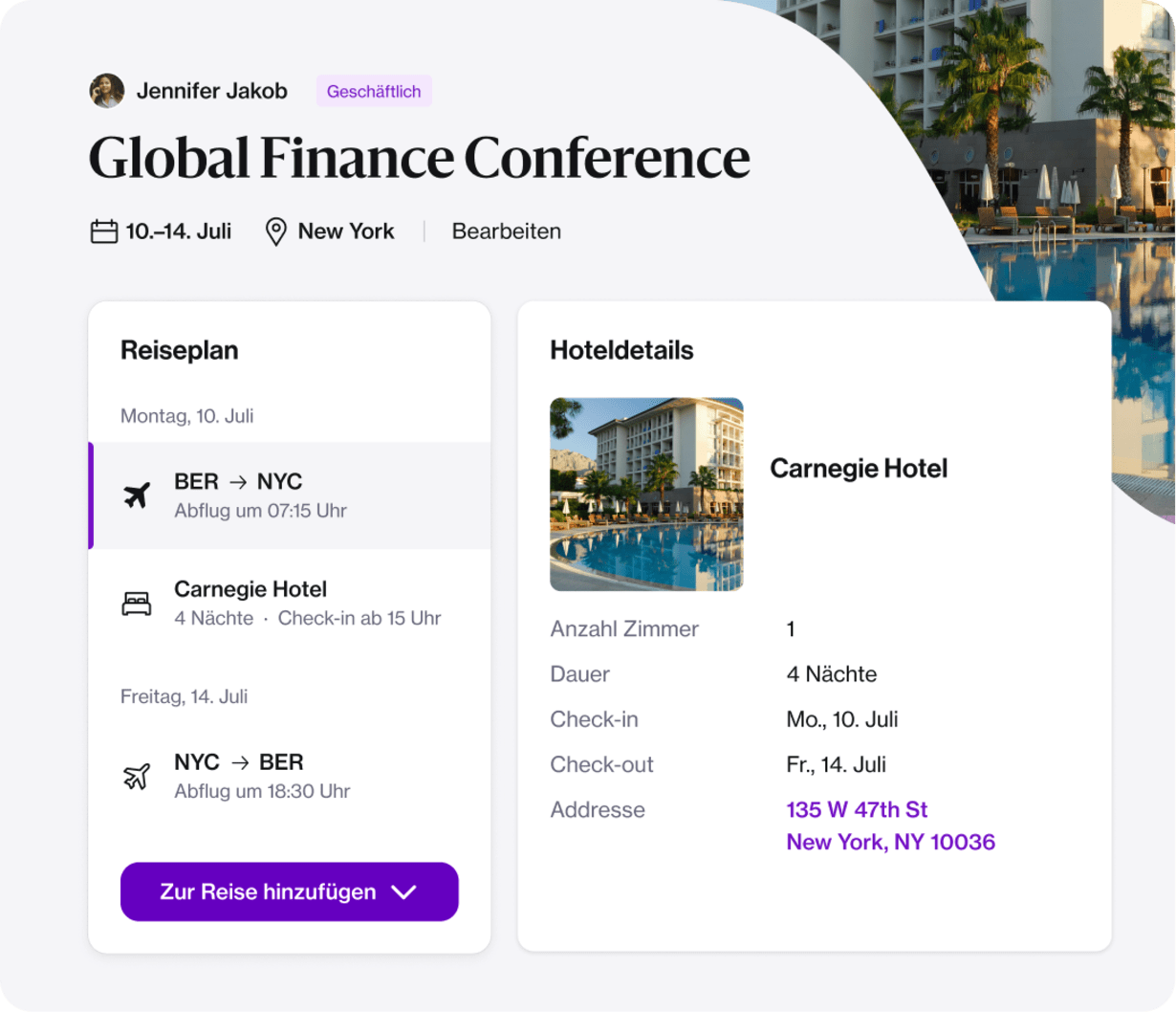 Reiseplan zu einer globalen Finanzkonferenz in Navan