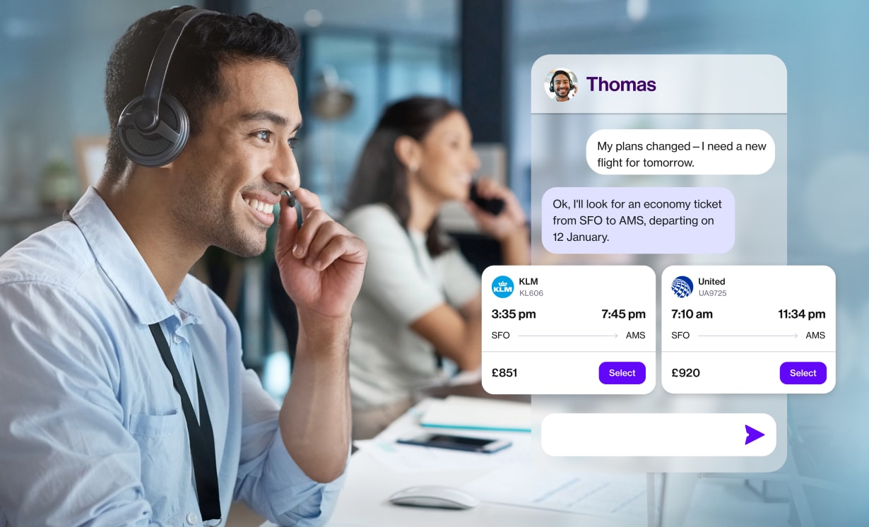 Travel Agent Assisting a Traveler with Navan AI UX Overlay