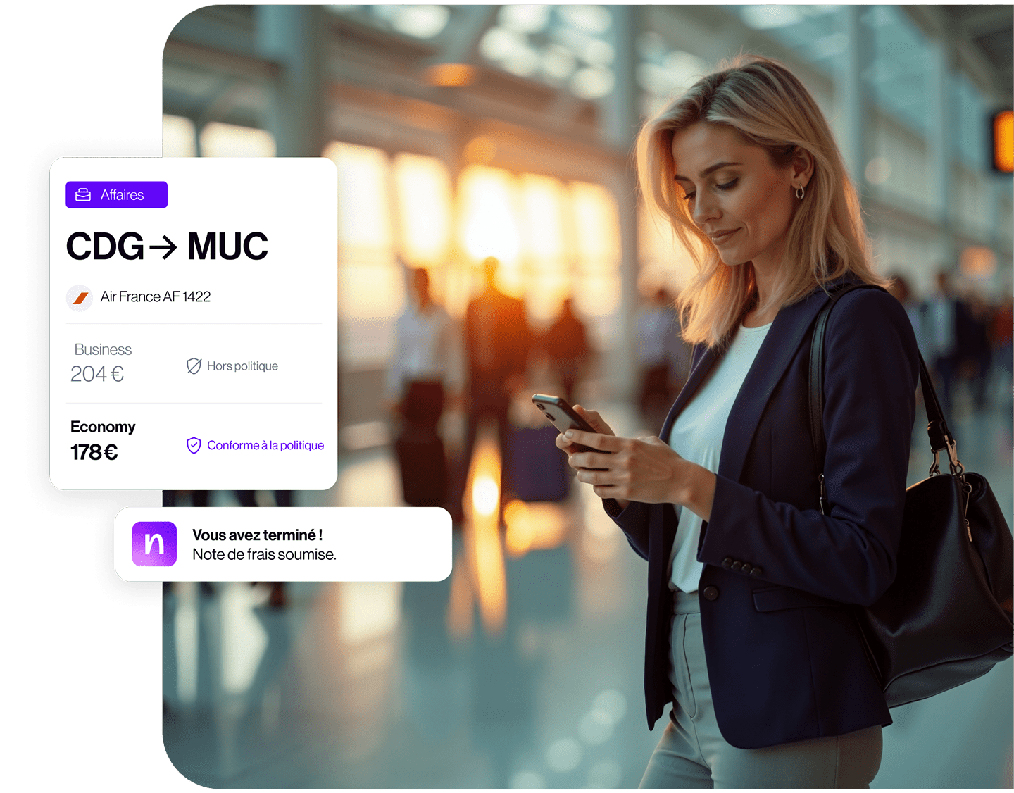 Femme voyageant à l'aéroport consultant son application Navan new