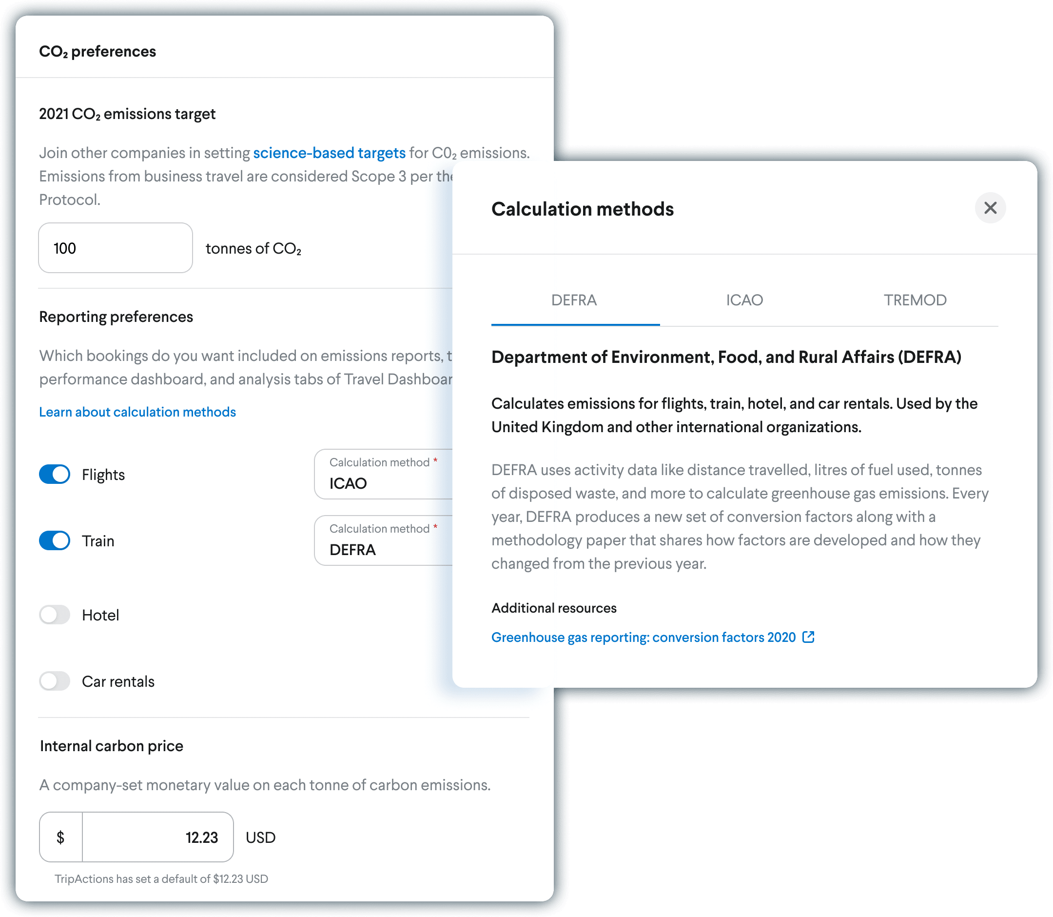 Product screenshot of CO2 calculation methods