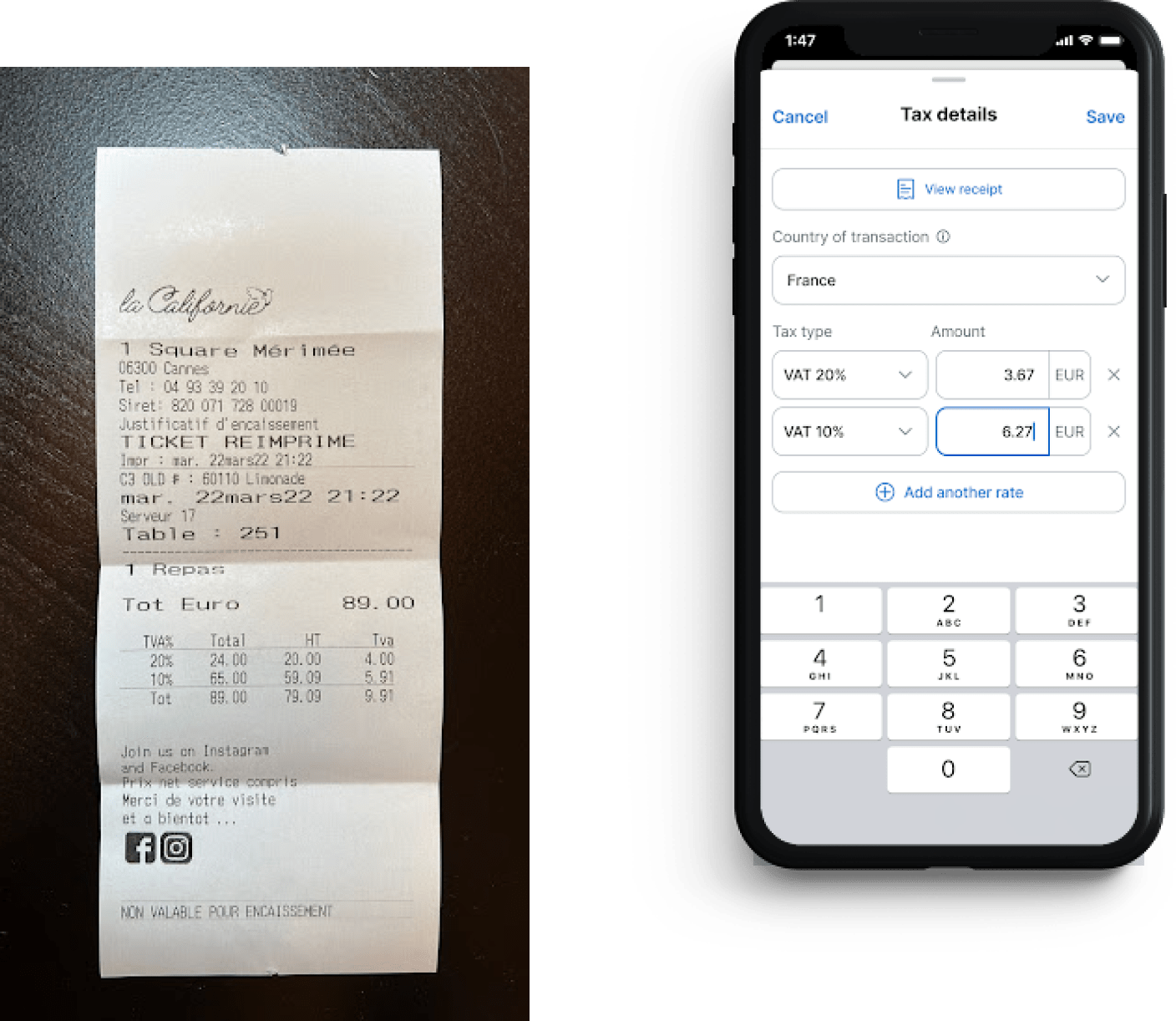 Left side: Picture of physical receipt from purchase with included VAT at bottom. Right side: Example of VAT input dashboard to upload VAT manually or can be auto-populated with receipt reader technology
