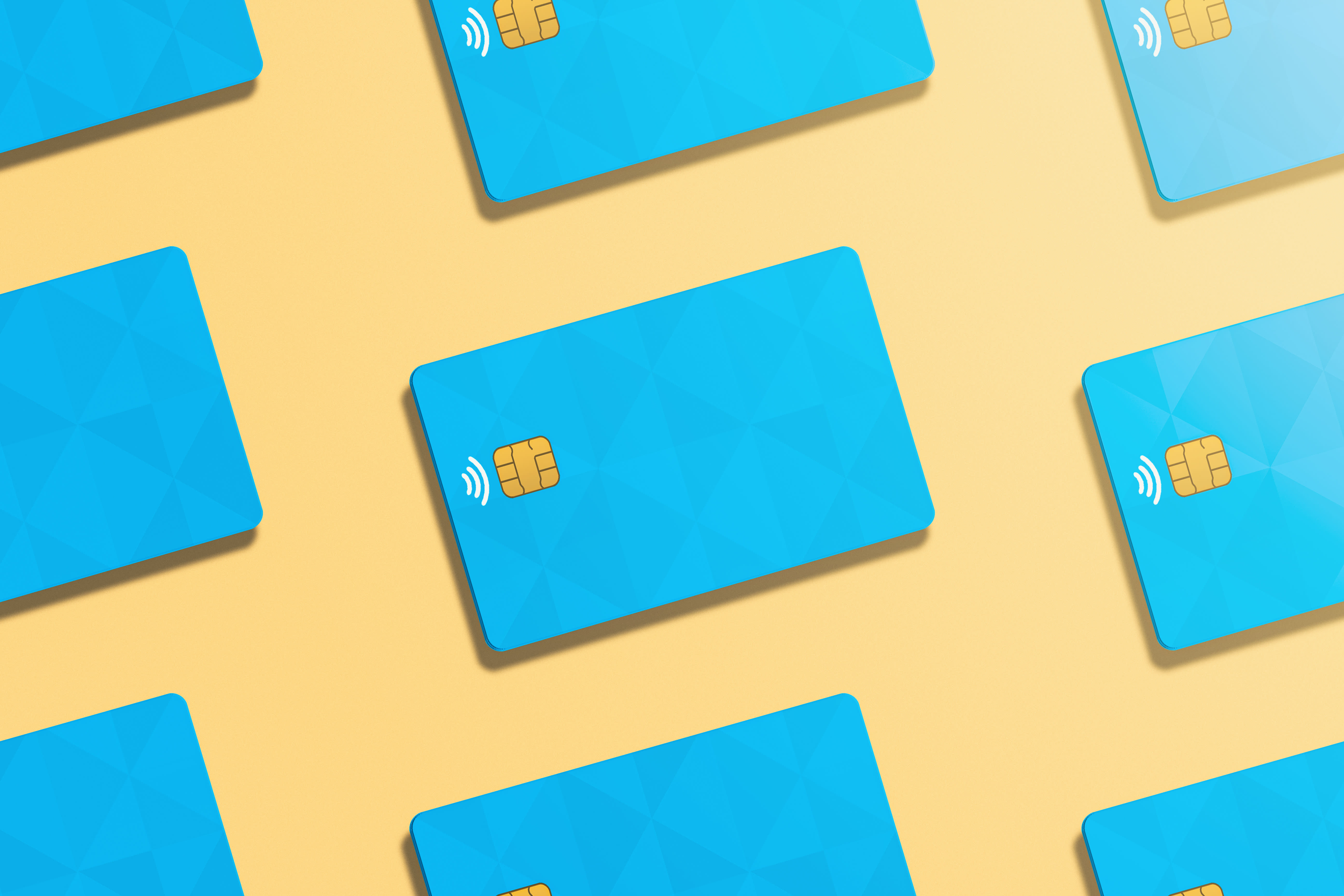 Multiple blue smart corporate cards strategically spread across the image with a yellow background