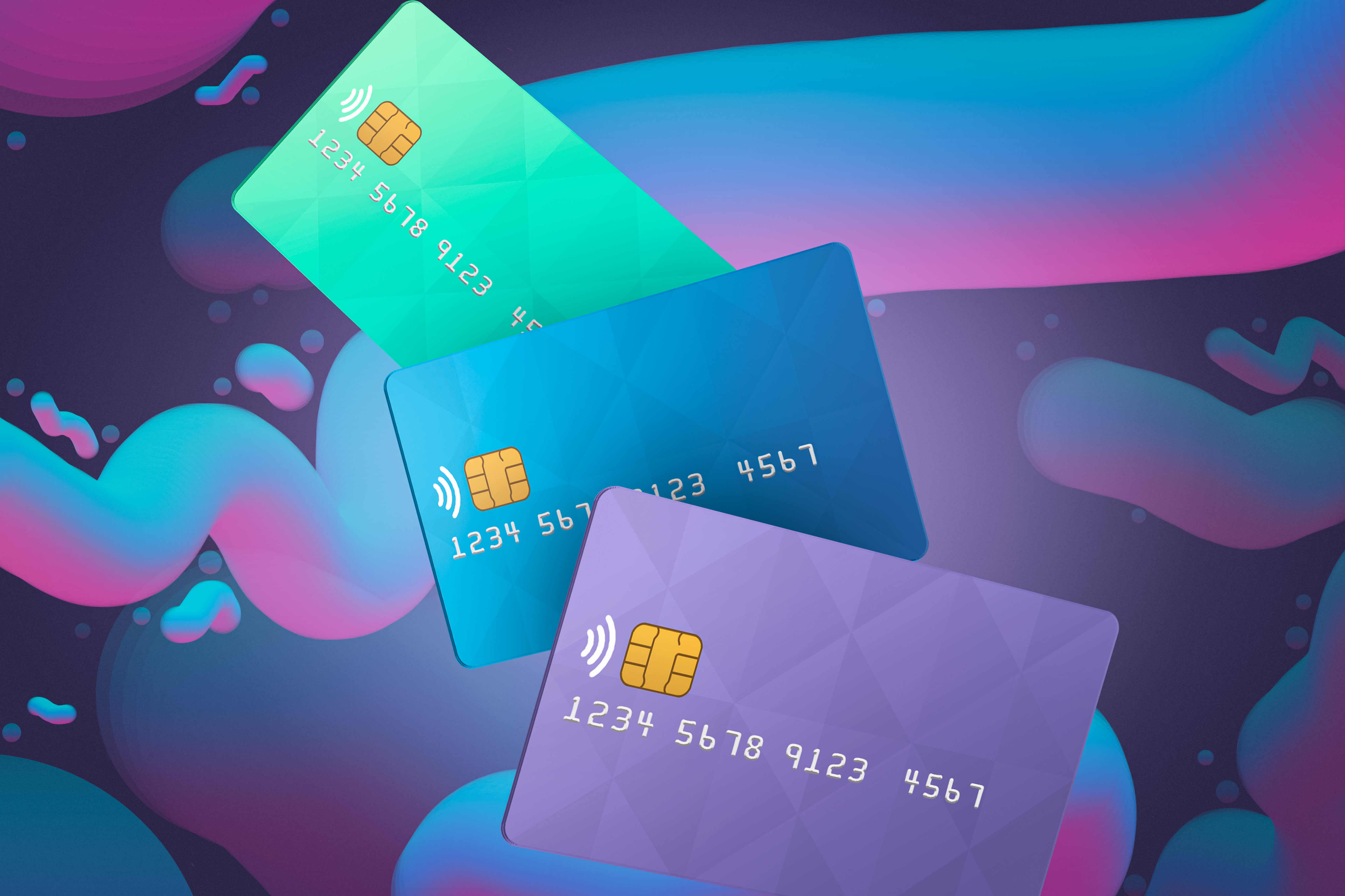 Image de trois cartes bancaires de différentes couleurs sur un fond futuriste