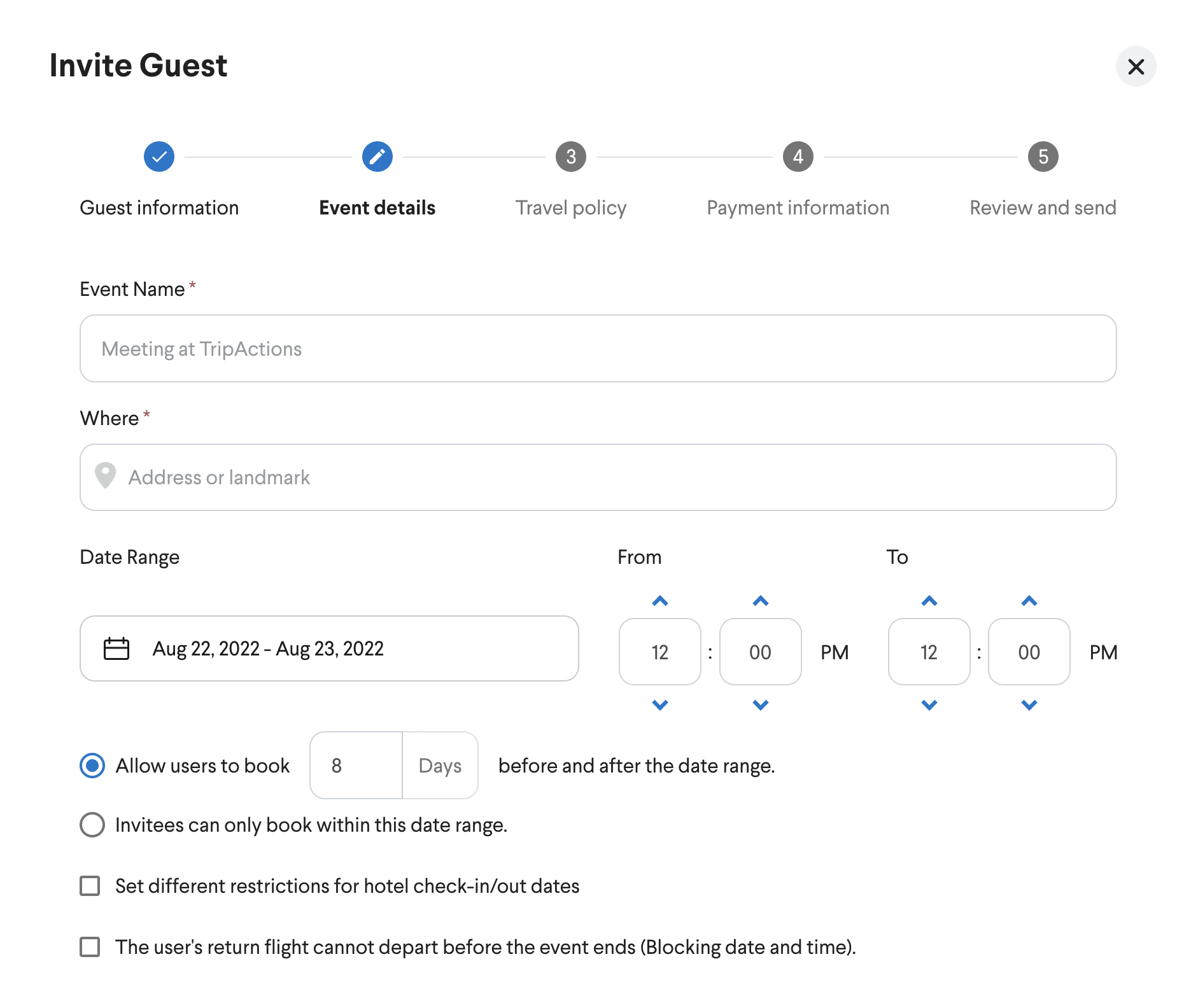 The 'Event Details' function inside the guest travel solutions on TripActions.