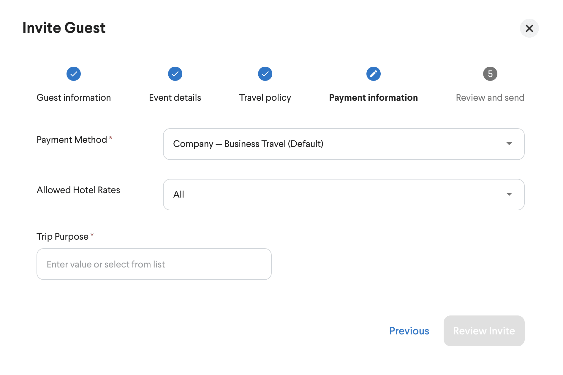 The payment function inside the guest travel solutions on TripActions.