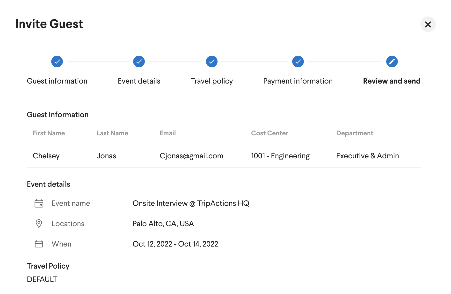 The 'send invite' inside the guest travel solutions on TripActions.