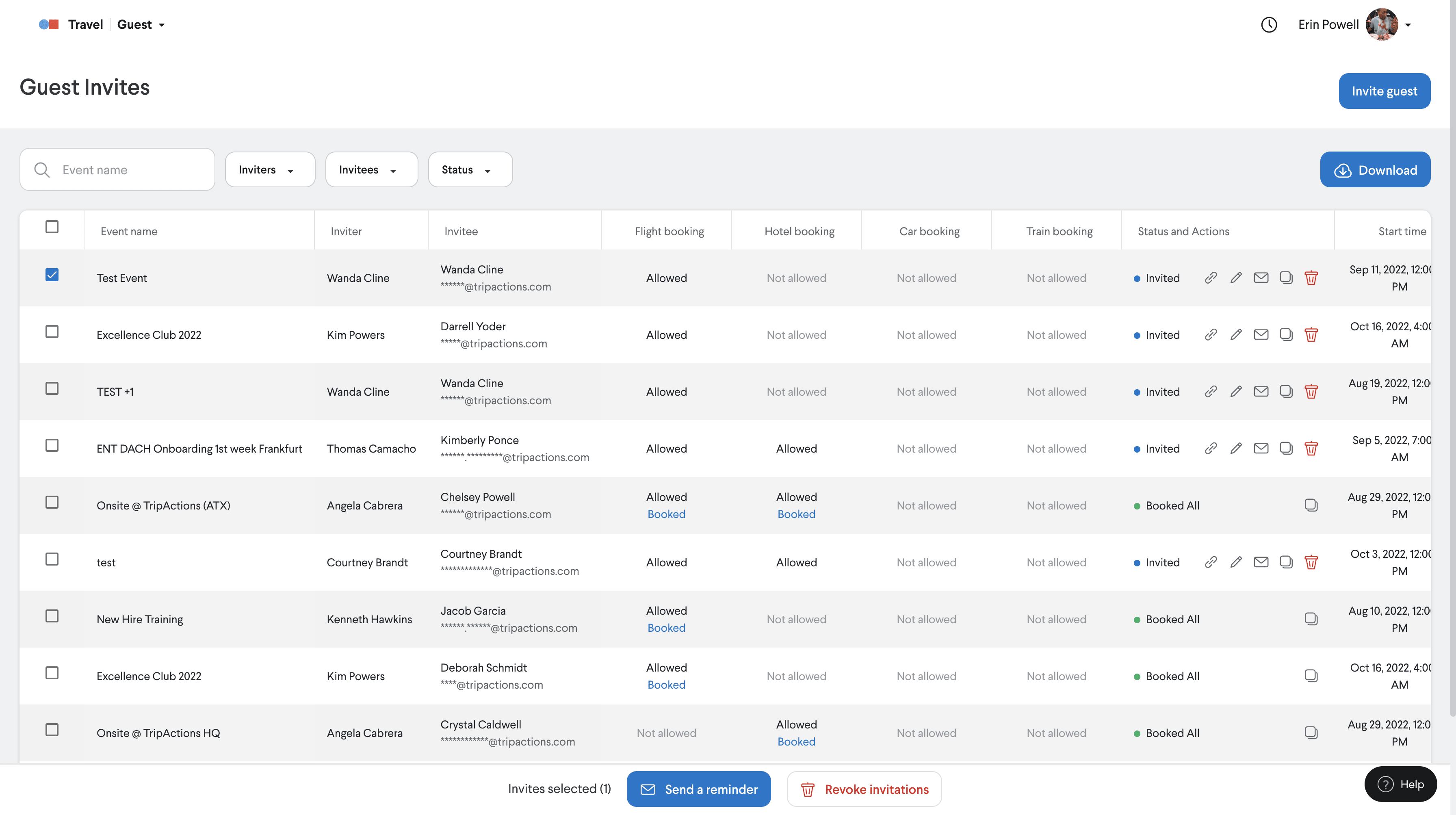 The invite management function inside the guest travel solutions on TripActions.