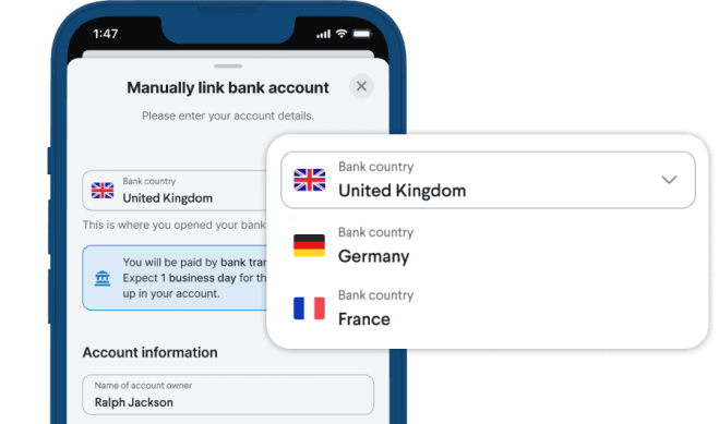 TripActions dashboard example of connecting solution with ability to choose personal bank country