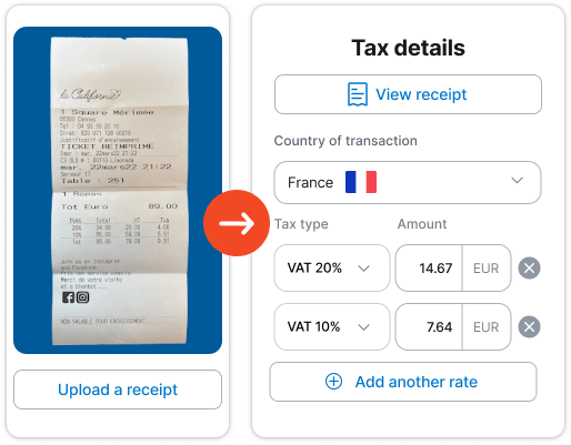 TripActions dashboard image of picture of receipt being taken and data from that receipt transferring into virtual expense solution; including country of transaction, tax type and amount