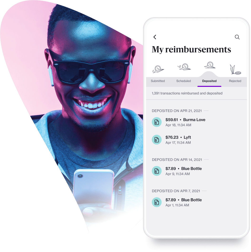 A collage view of the expense reimbursements interface on the Navan mobile app and a man enjoying the Navan app on his phone