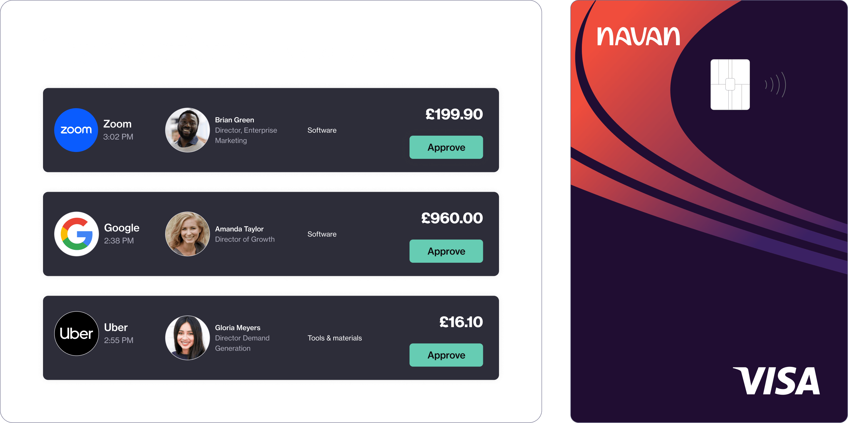 An image showing transactions made for software subscriptions and other business expenses with the Navan corporate card, which automates expenses and makes manual expense reports a thing of the past.