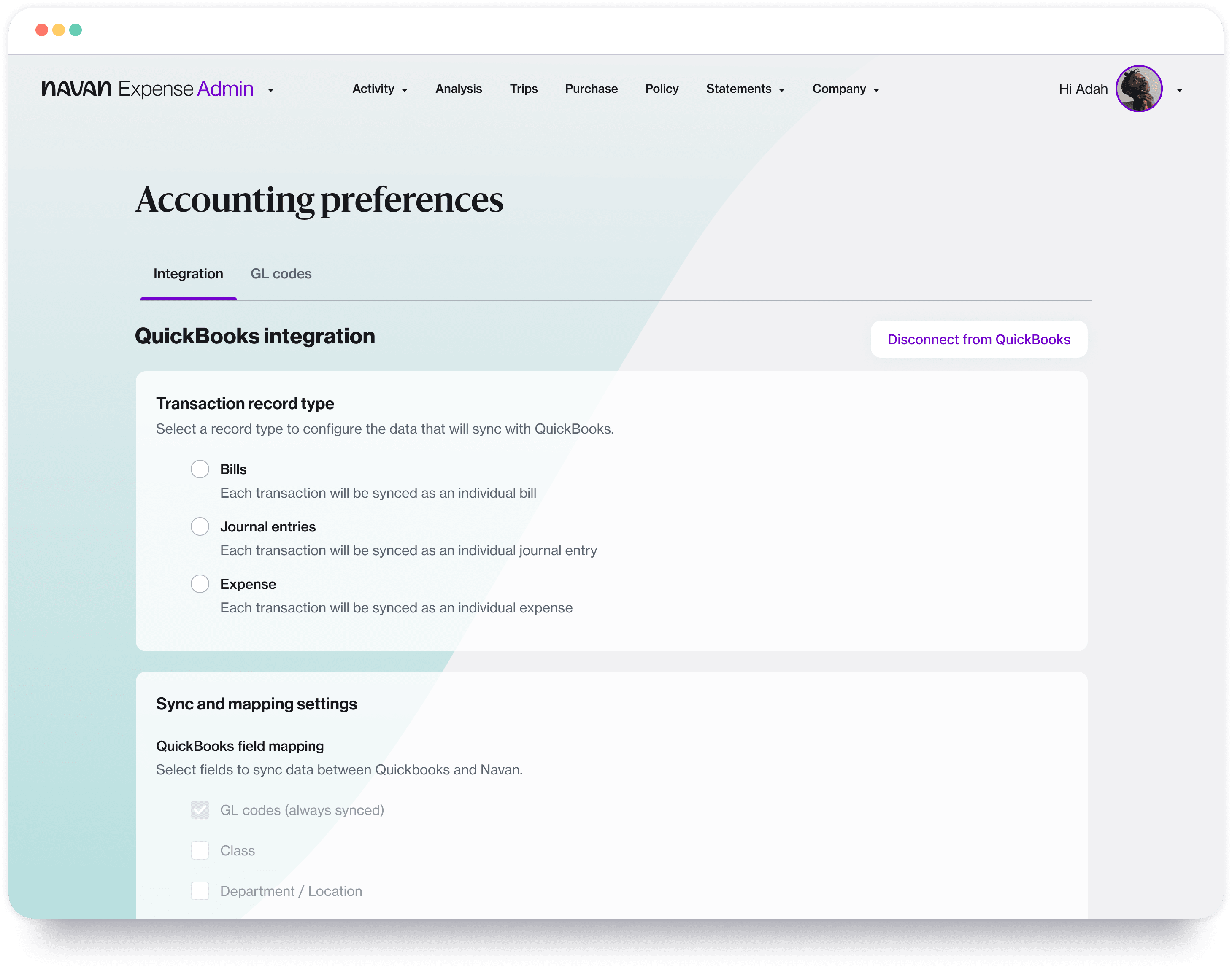 A desktop view of QuickBooks accounting preferences using the Navan app.