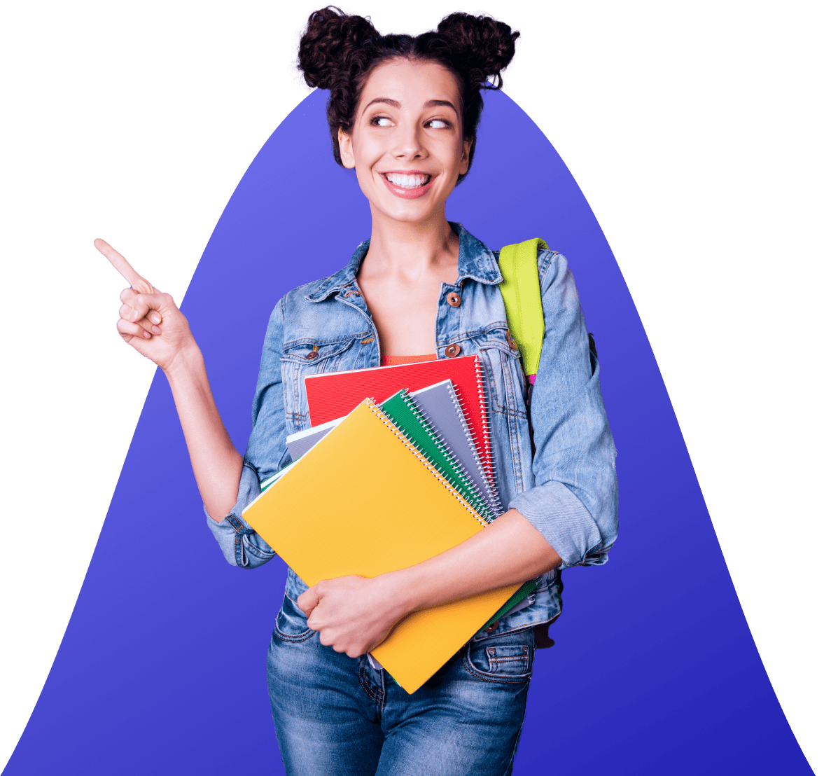 Picture of a girl smiling, holding books, and pointing upward with the Navan arc behind her