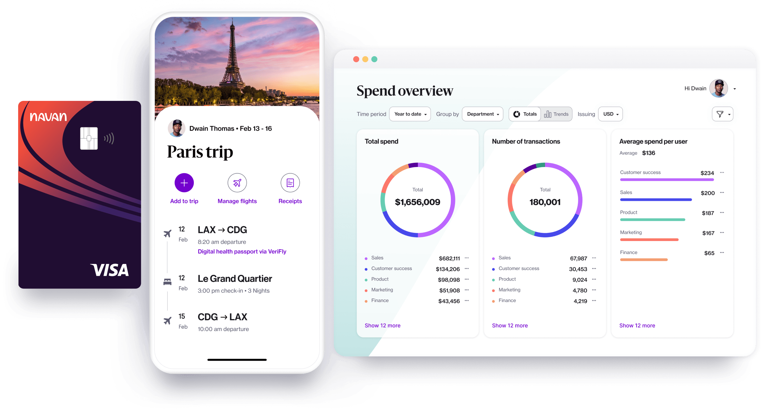 A collage view of a paris trip itinerary on the Navan mobile app, a complete expense spend overview using the Navan desktop app, and a Navan corporate card