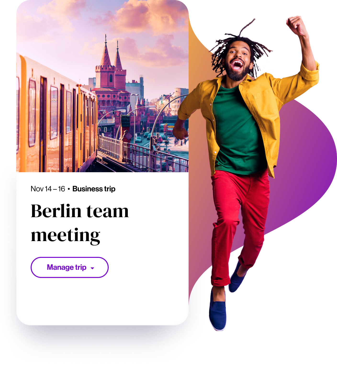 Man jumping with excitement over his upcoming business trip to Berlin using the Navan app