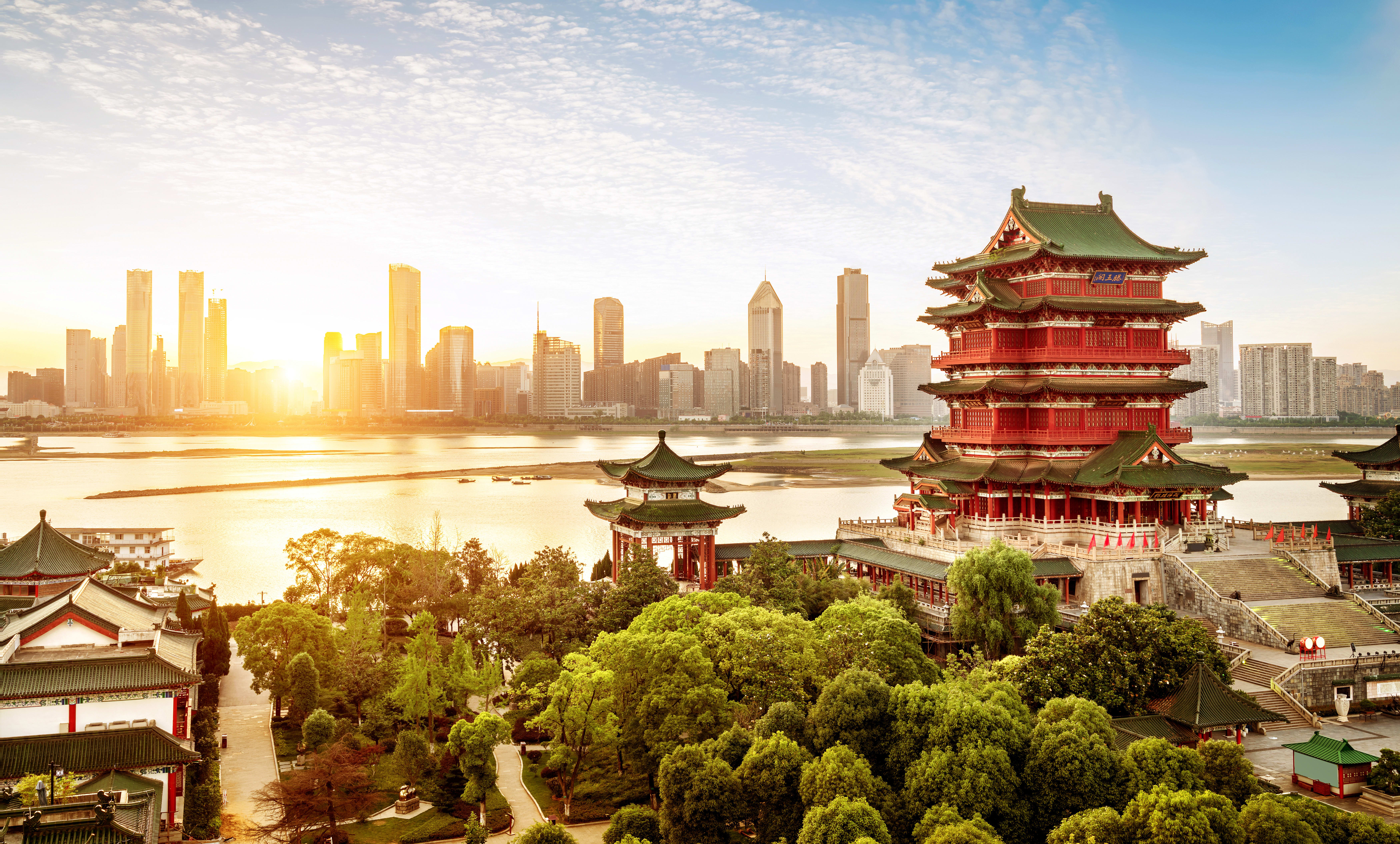 Classical Chinese architecture outside a major city.