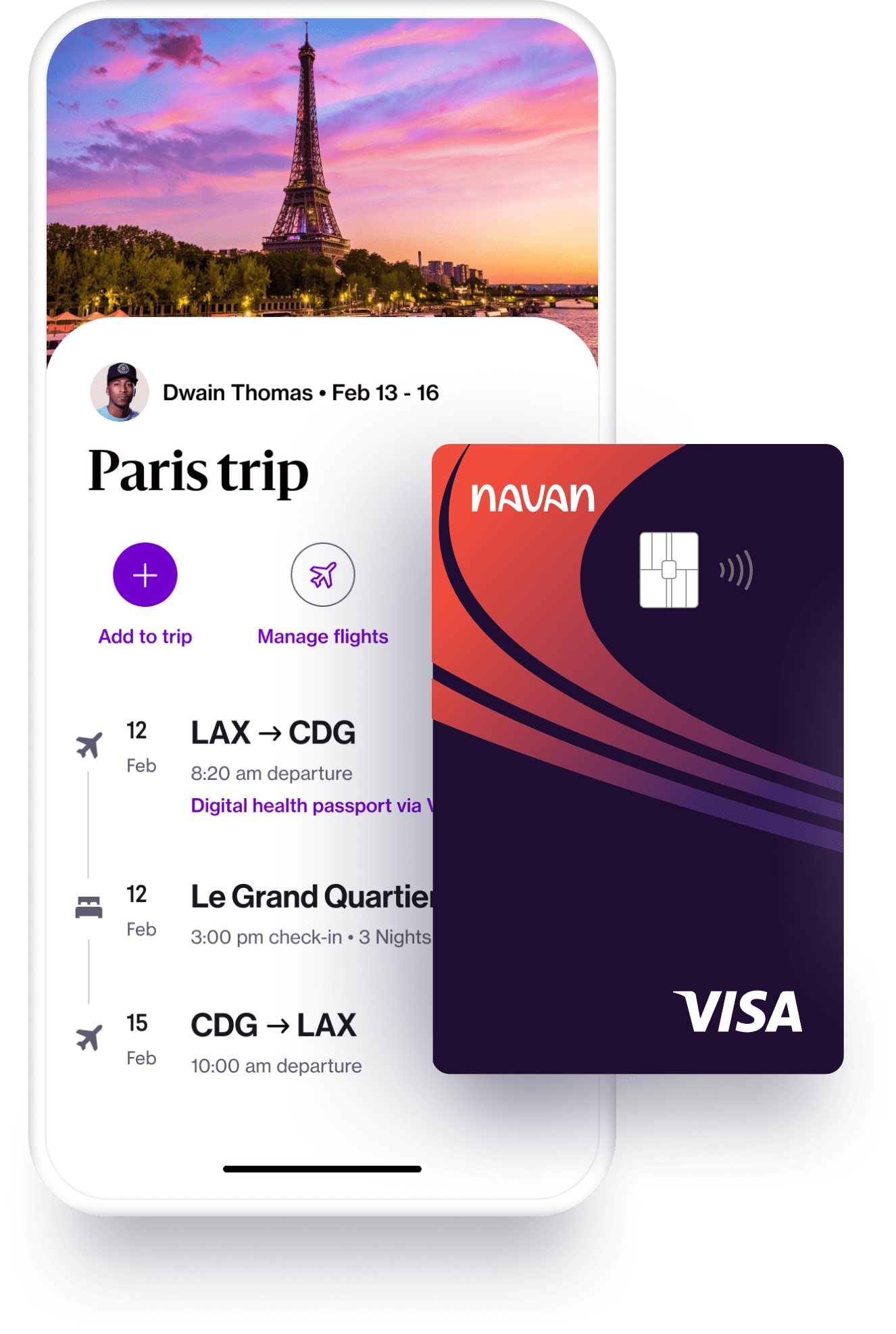 A collage view of a Paris trip itinerary on the Navan mobile app and the Navan corporate card