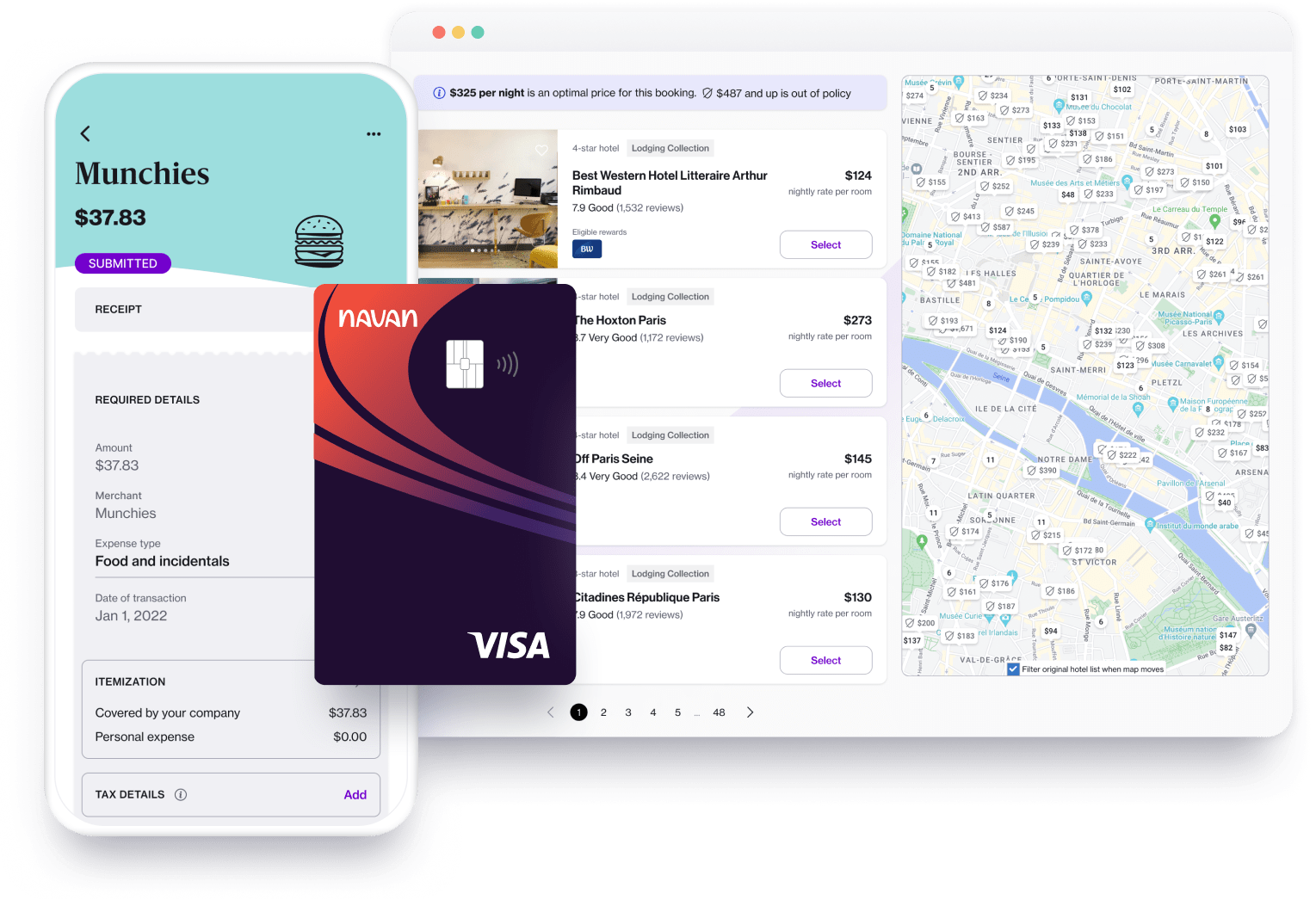 A collage view of a submitted expense on the Navan mobile app, hotel search results using the Navan desktop app, and the Navan corporate card