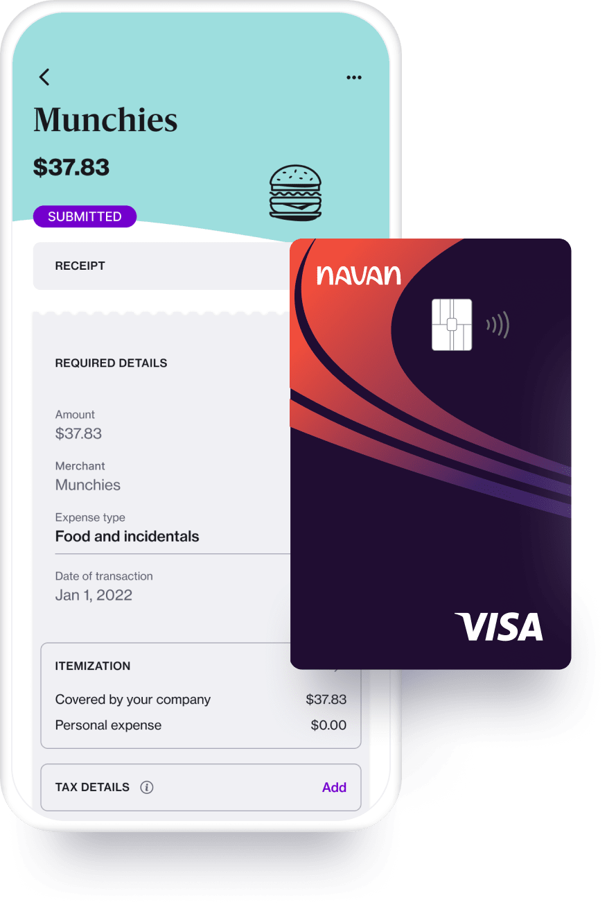 A collage of a submitted expense using the Navan mobile app and a Navan corporate card