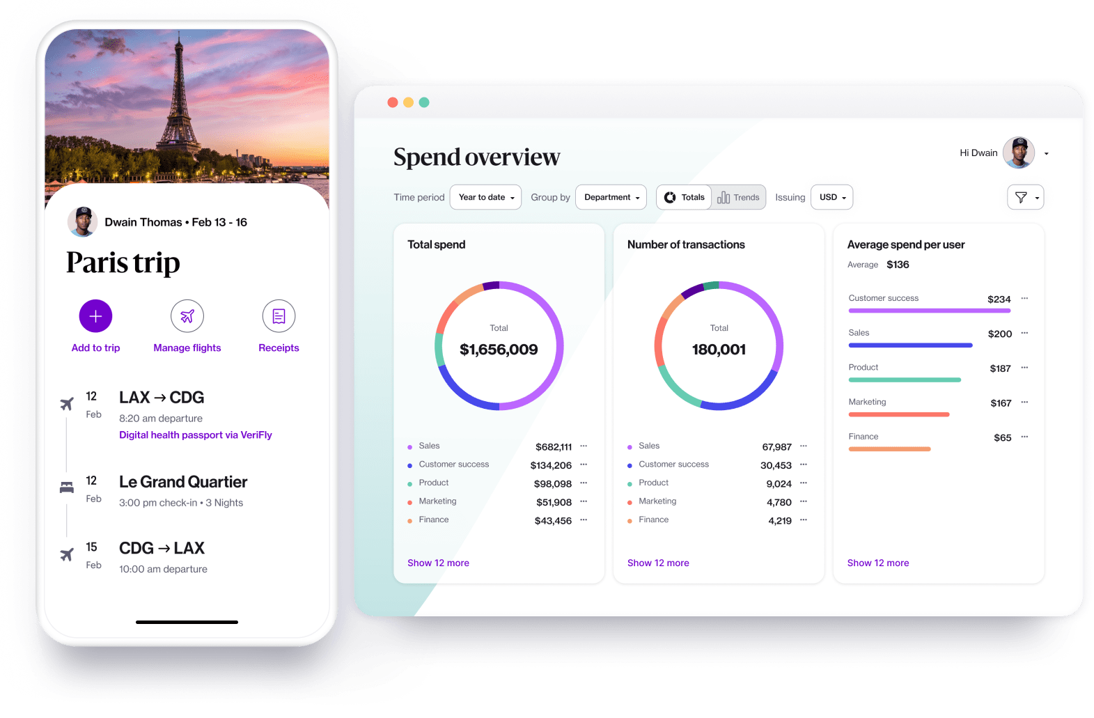 A collage view of a paris trip itinerary on the Navan mobile app and a complete expense spend overview using the Navan desktop app