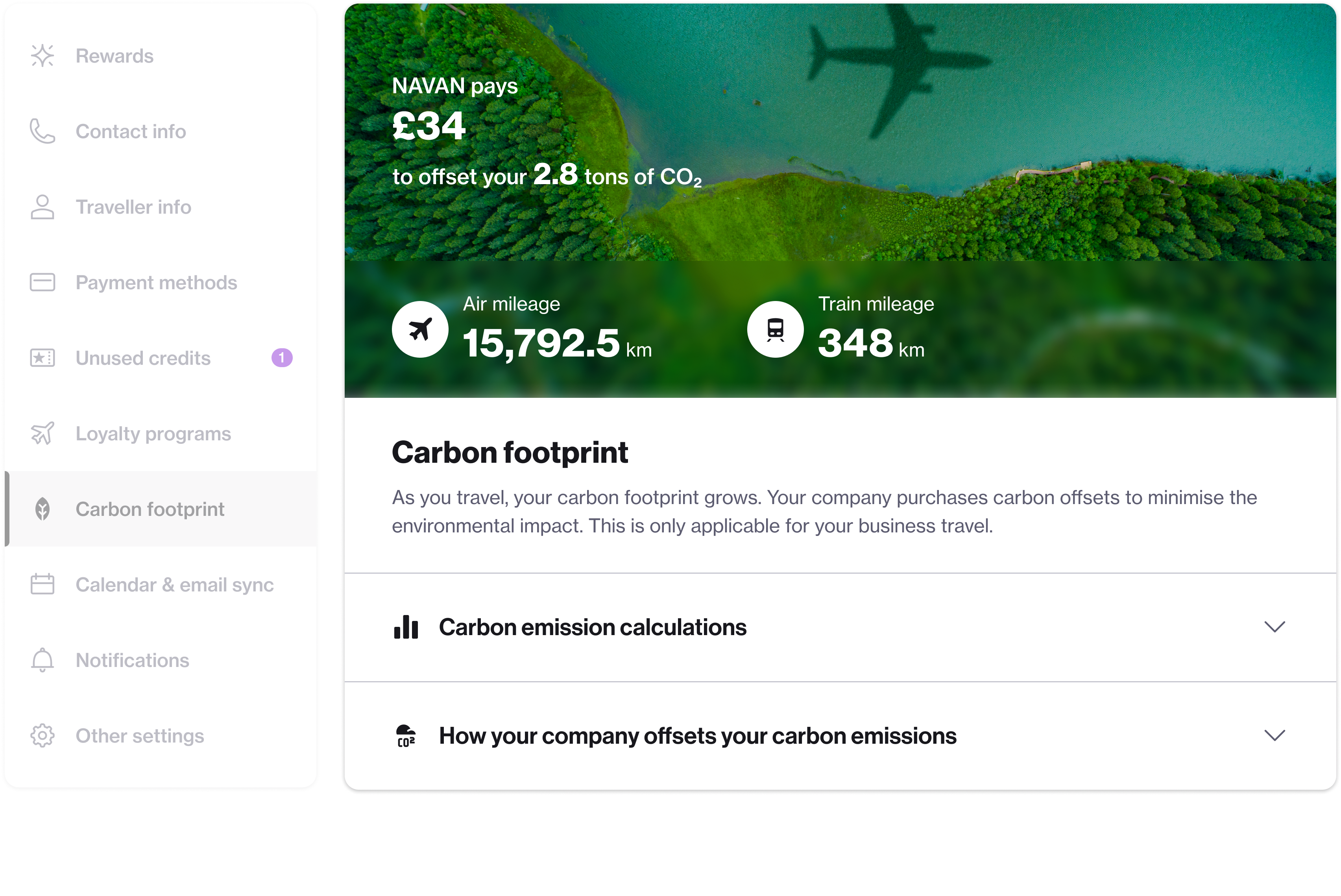 Screenshot of the Navan carbon emissions dashboard