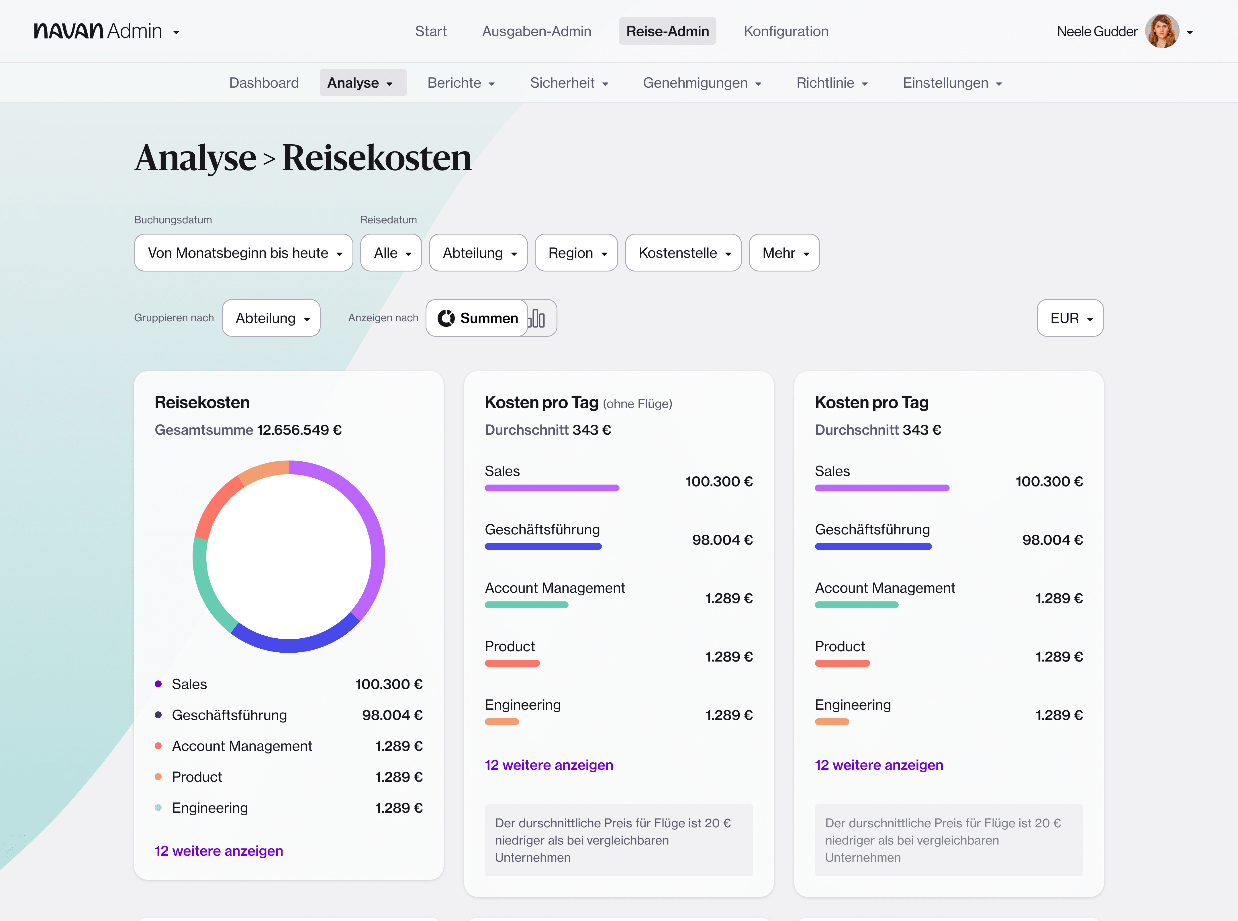 Desktop-Ansicht einer Reisekostenanalyse in der Navan-App