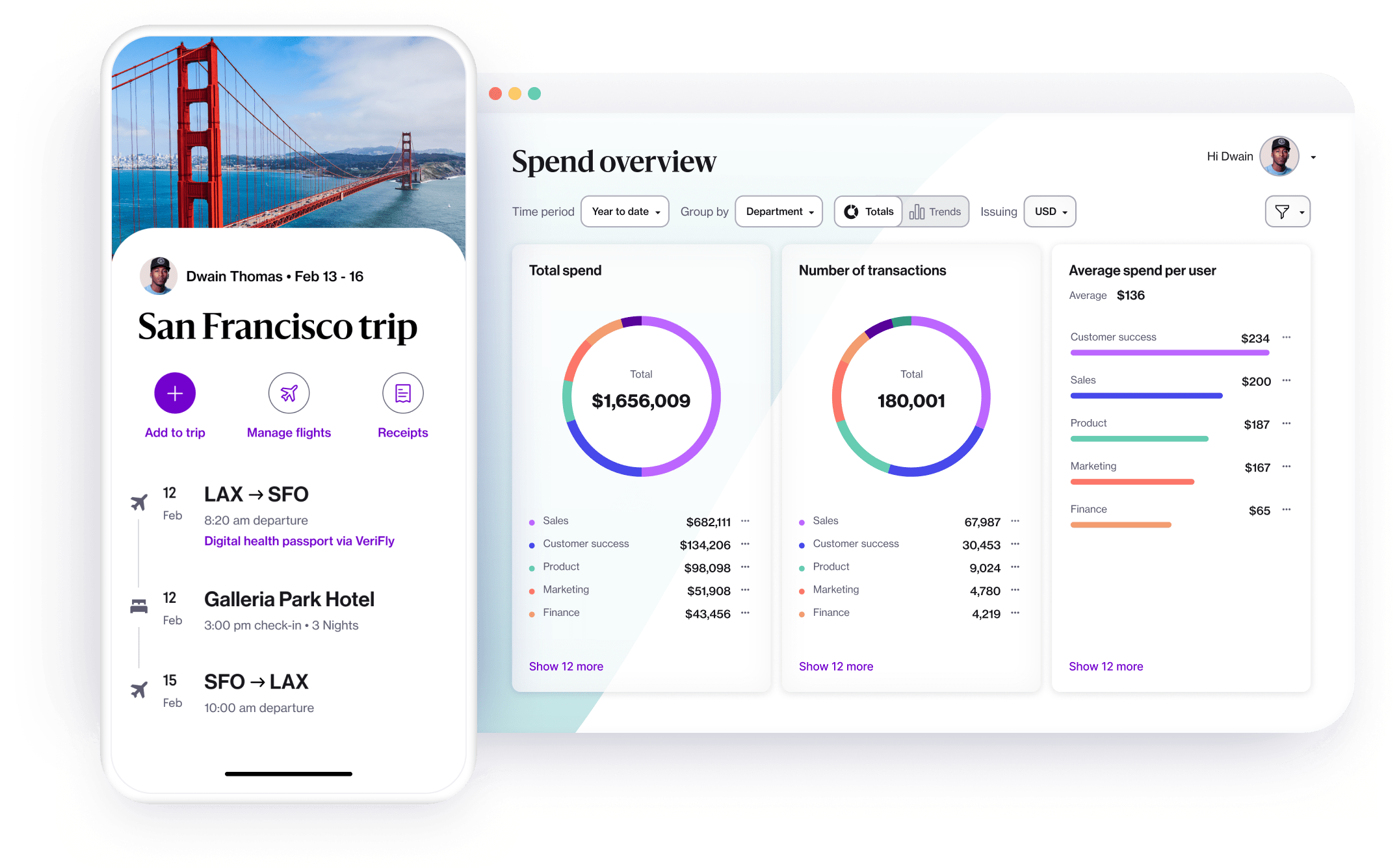 A collage view of a San Francisco trip itinerary on the Navan mobile app and the Navan spend overview on desktop