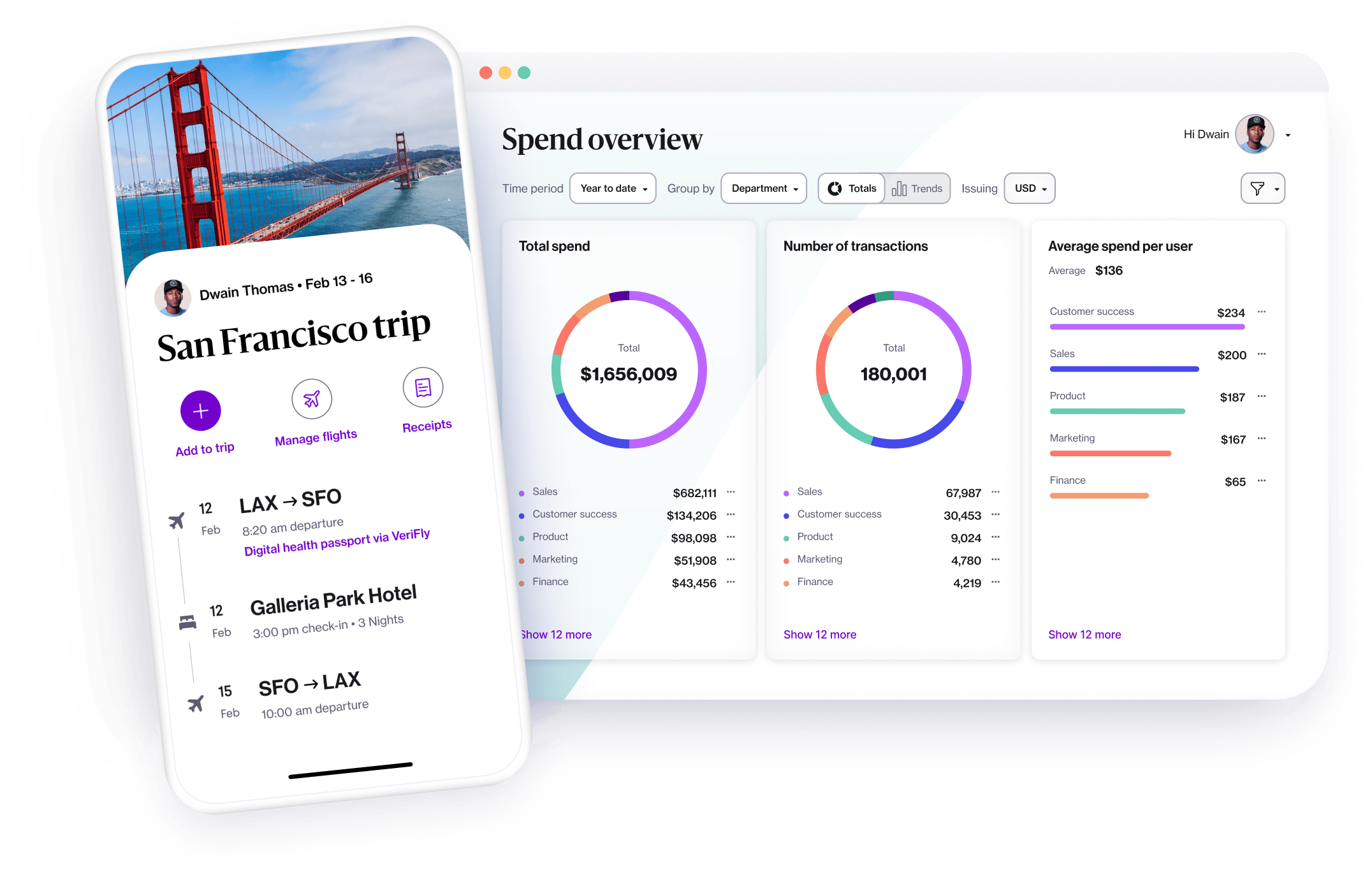 A collage view of a San Francisco trip itinerary on the Navan mobile app and the Navan spend overview on the desktop app