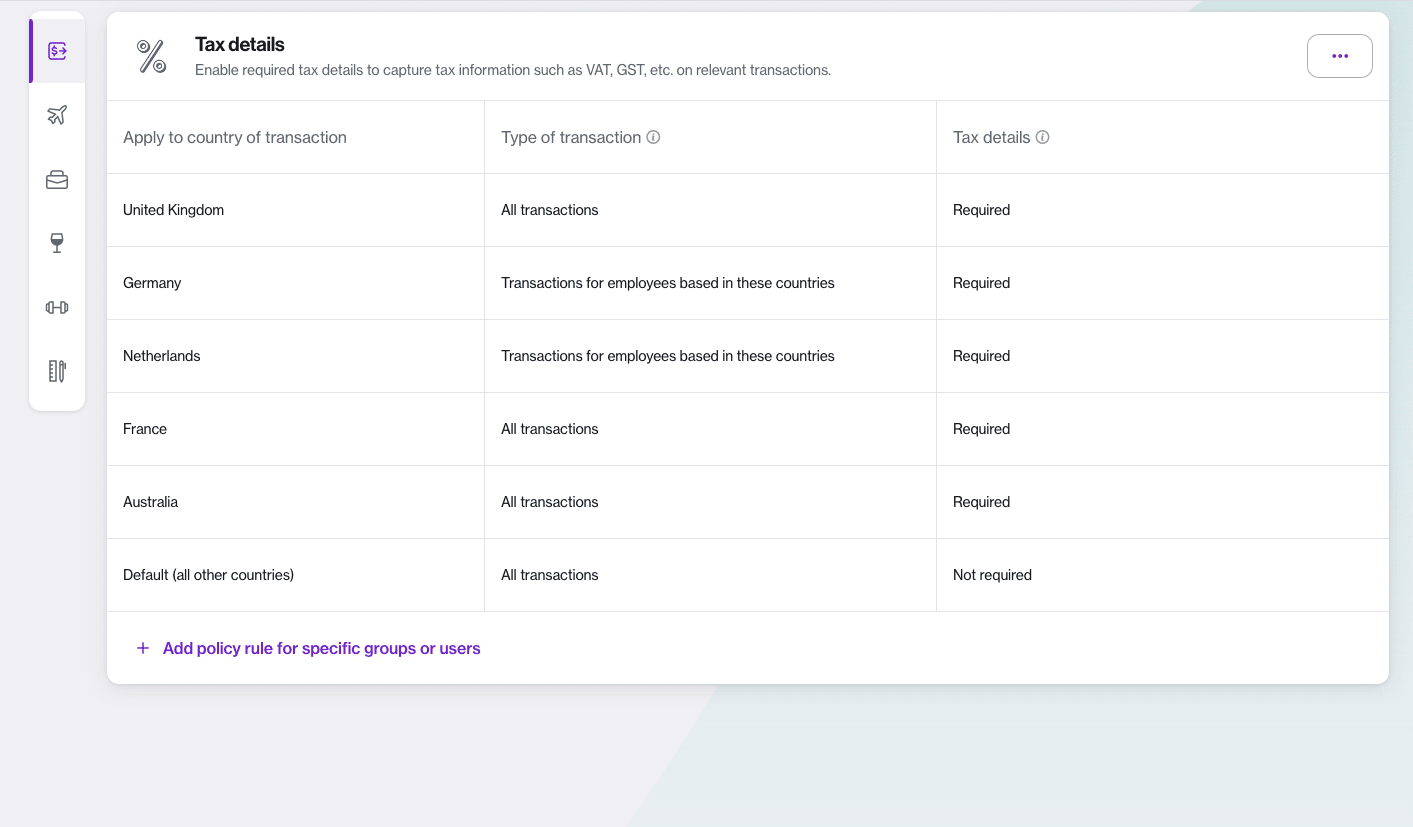 A screenshot of the transaction settings dashboard in the Navan app