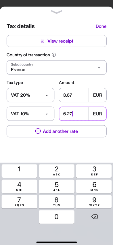 Example of accounting dashboard with view of taxed transaction with details on employee, type of transaction, date and amount