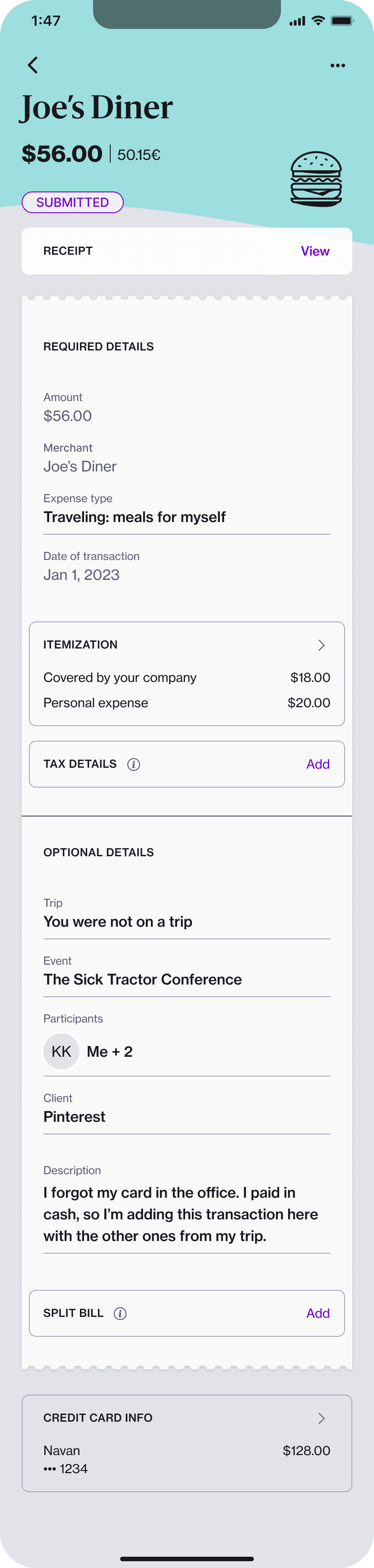 Example picture of Auto-Itemization with line item breakdown of each transaction throughout a hotel stay with included receipt photo