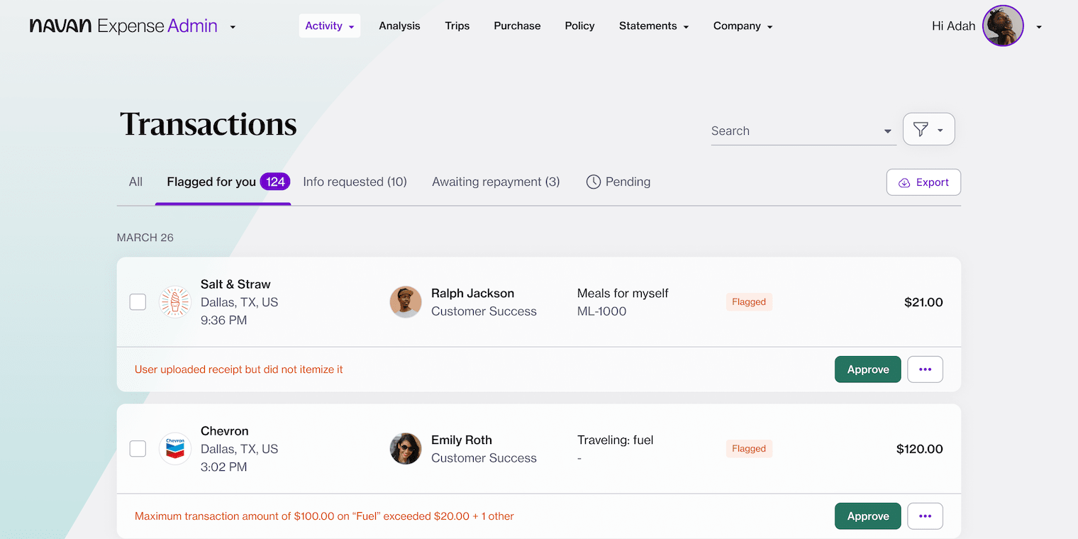 Transaction approvals are part of the Admin Dashboard from travel management company Navan.