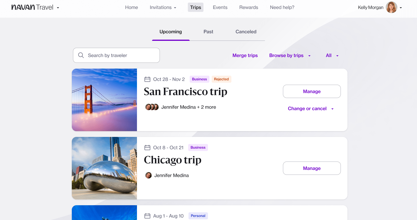 The Trips page created by travel management company Navan.