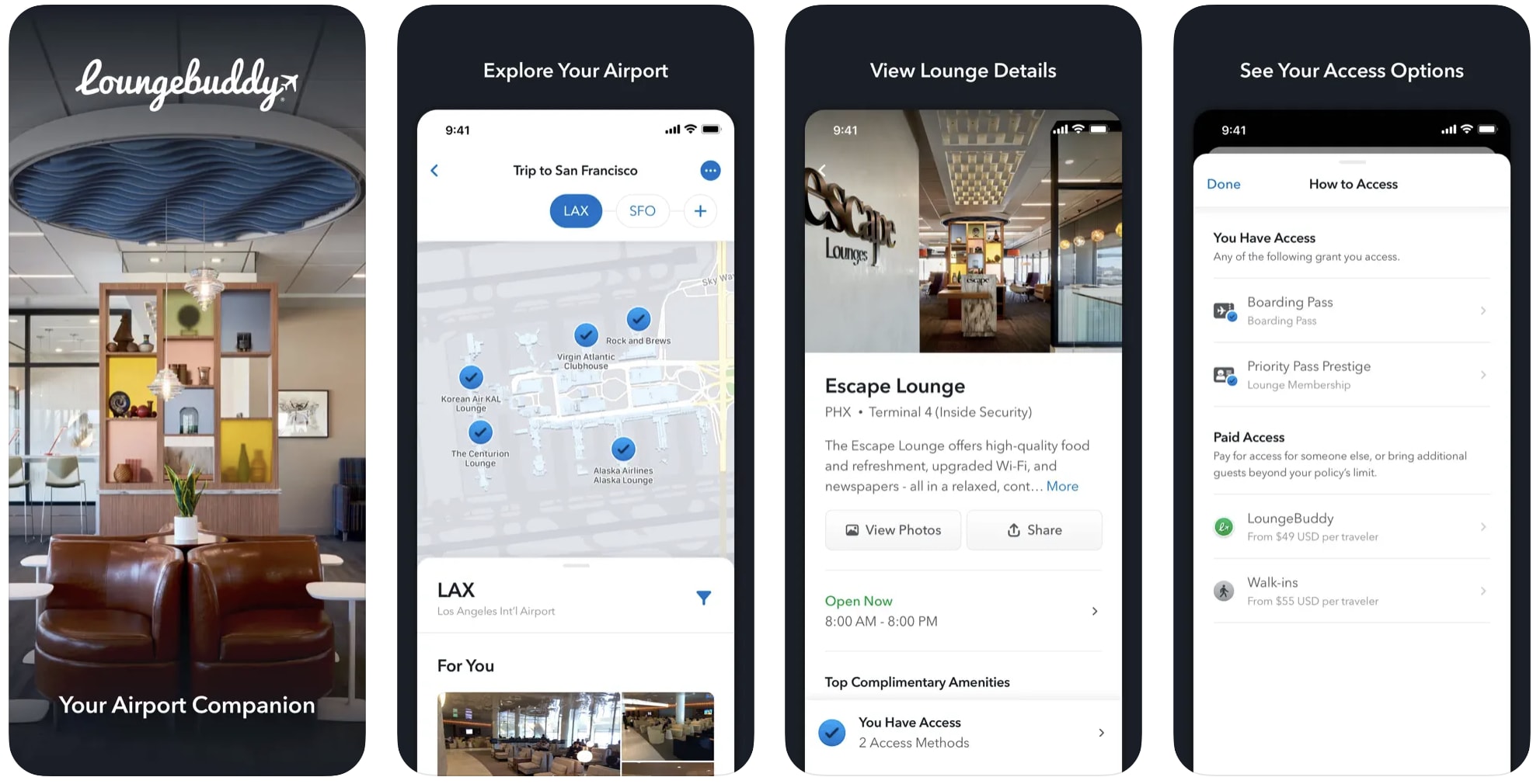 Screenshots of Loungebuddy, one of the best apps for business travelers