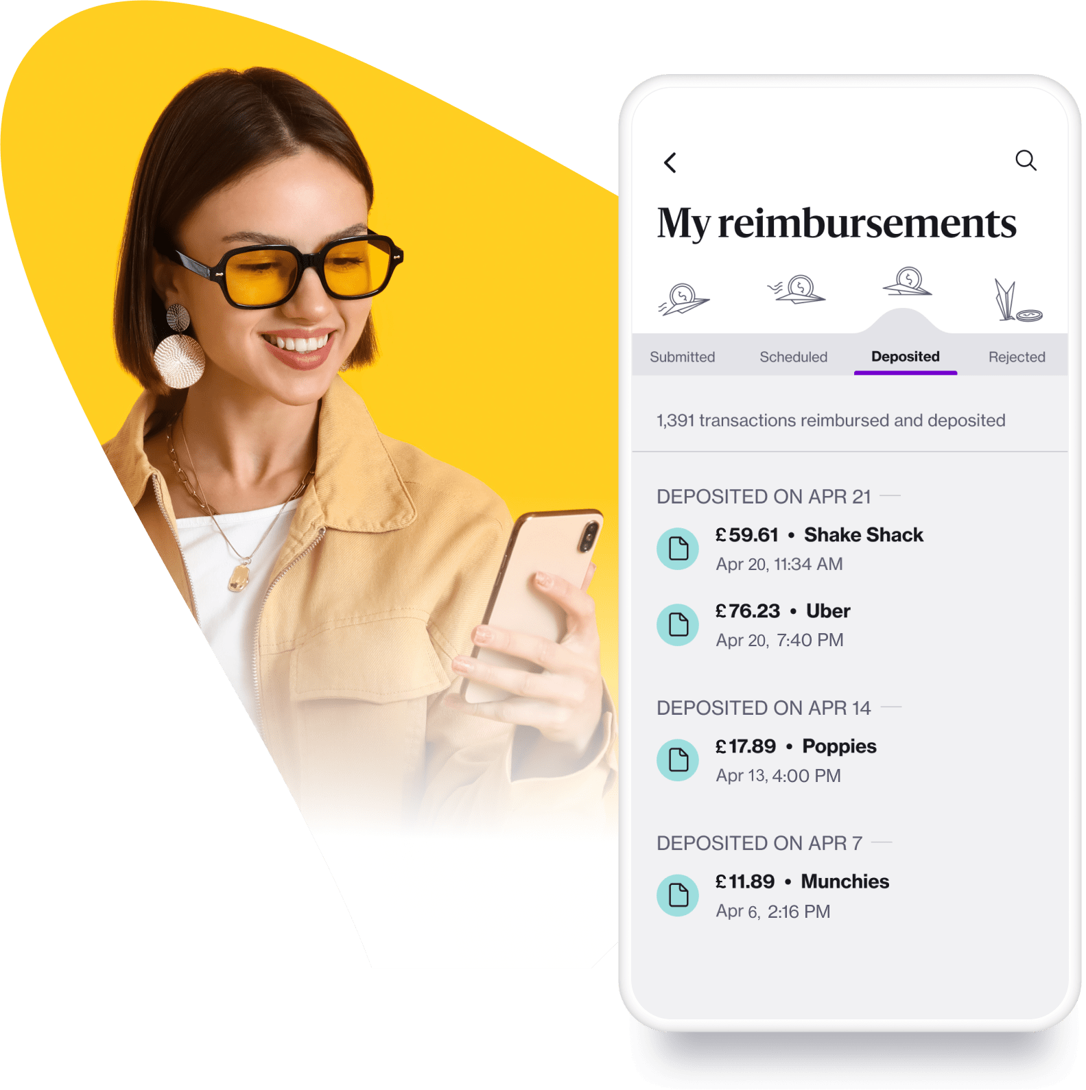 An image of a happy business traveller enjoying the Navan platform's expense management features on the Navan mobile app, with fast reimbursements and simplified, automated expenses.