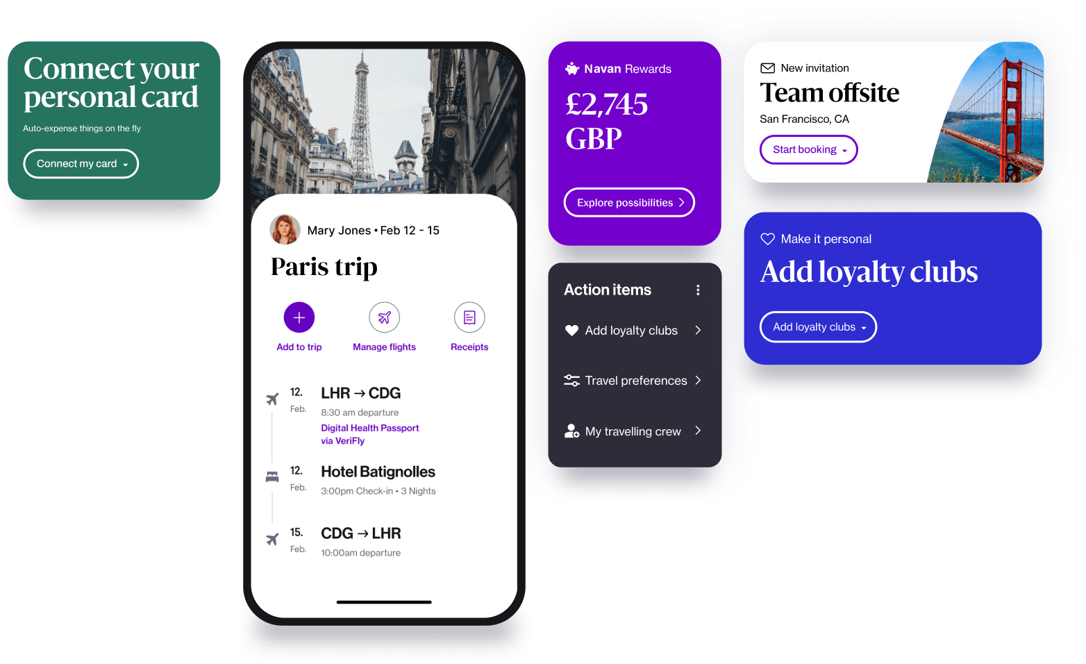 A selection of images showing the user-friendly features of Navan's all-in-one travel and expense management platform, including rewards for business travellers.