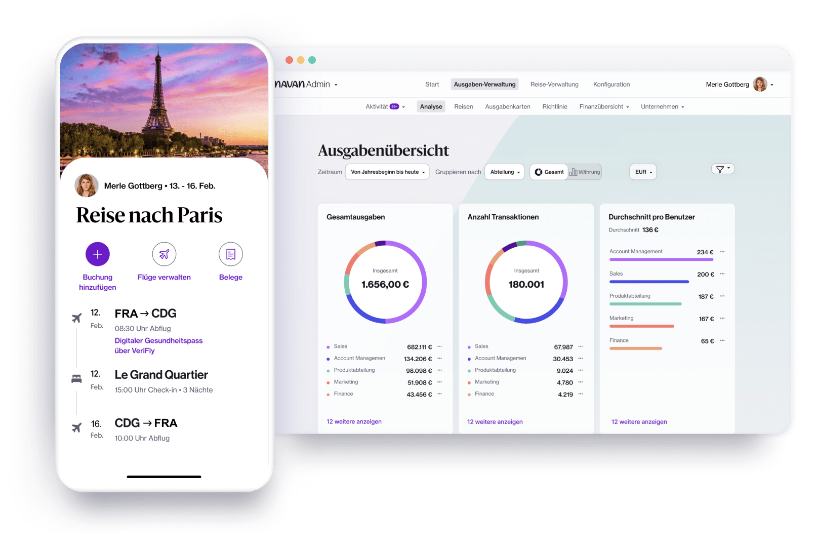 Ausgaben für Geschäftsreisen übersichtlich zusammengefasst auf dem Navan-Admin-Dashboard