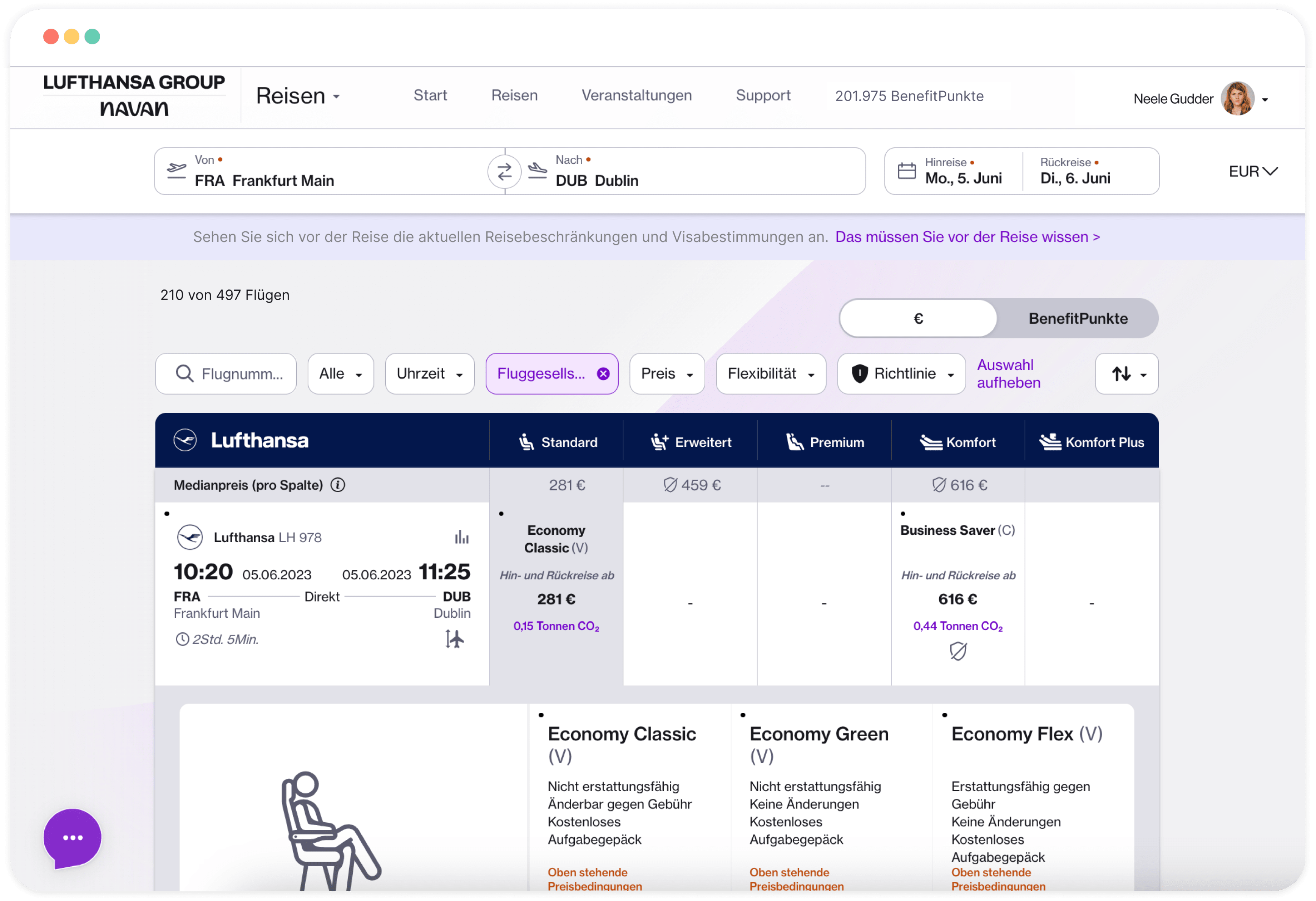 A collage view of a selected Lufthansa Group flight fare category on the Navan mobile and desktop apps