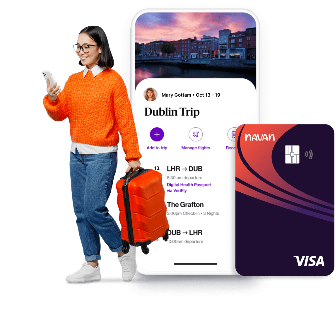 Navan traveler using the mobile app and Navan card Dublin