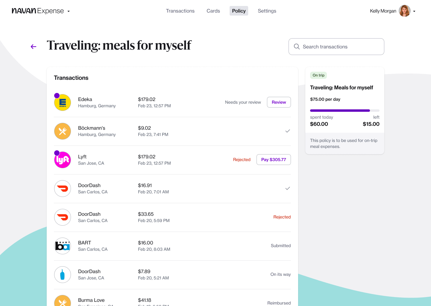 Employees can easily see policies and track their spending against Benefits and Travel limits directly within the Navan Expense app or on the web.