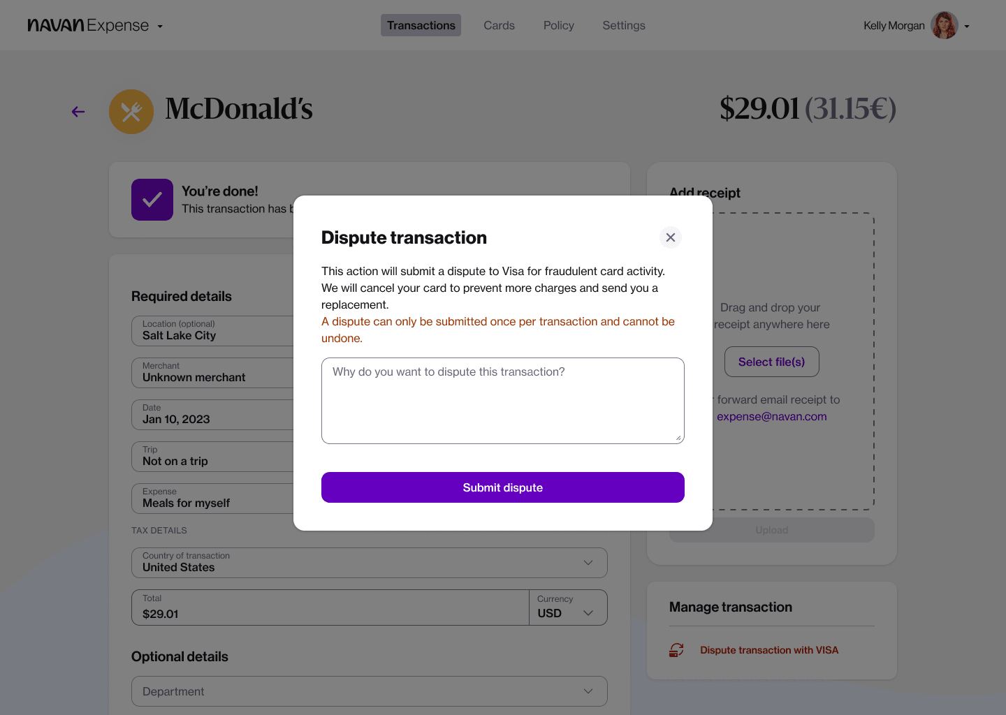 When an employee files an authorized transaction dispute, Navan will automatically cancel their card and prompt the user to immediately order a replacement.