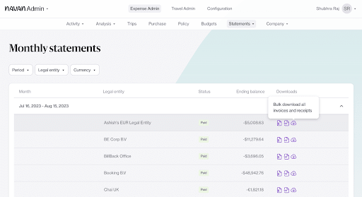 Finance teams can now bulk download all invoices, receipts, and e-receipts corresponding to each charge line item in the Navan monthly statement CSV file.