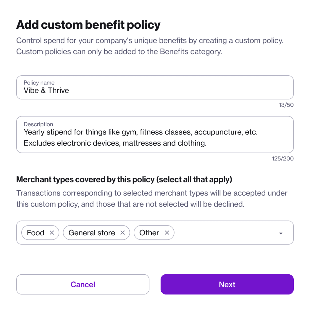The Custom Benefit Policies feature empowers finance leaders to craft specific, unique benefits policies with the same visibility and control as Navan Expense’s standard benefits policies.