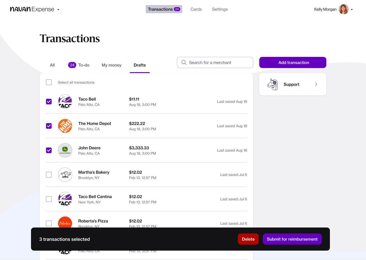 Employees can now submit expenses for a trip in one go by selecting multiple drafts and bulk submit them on the Web to save time on expenses.