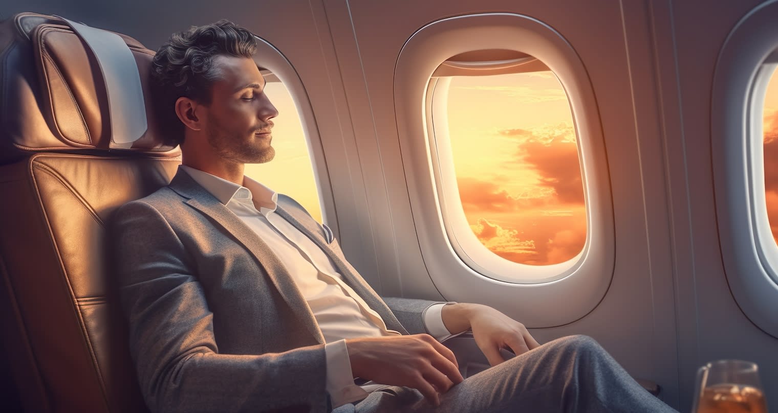 How to Cut Company Travel Costs with Navan Rewards - Man on an airplane